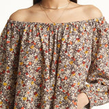 Treasure & Bond Shirred Off The Shoulder Top In Brown- Ivory Cally Floral Size Large