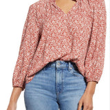 caslon(r) Floral Print Split Neck Shirt in Rust- Ivory Ikat Bloom , Size Large