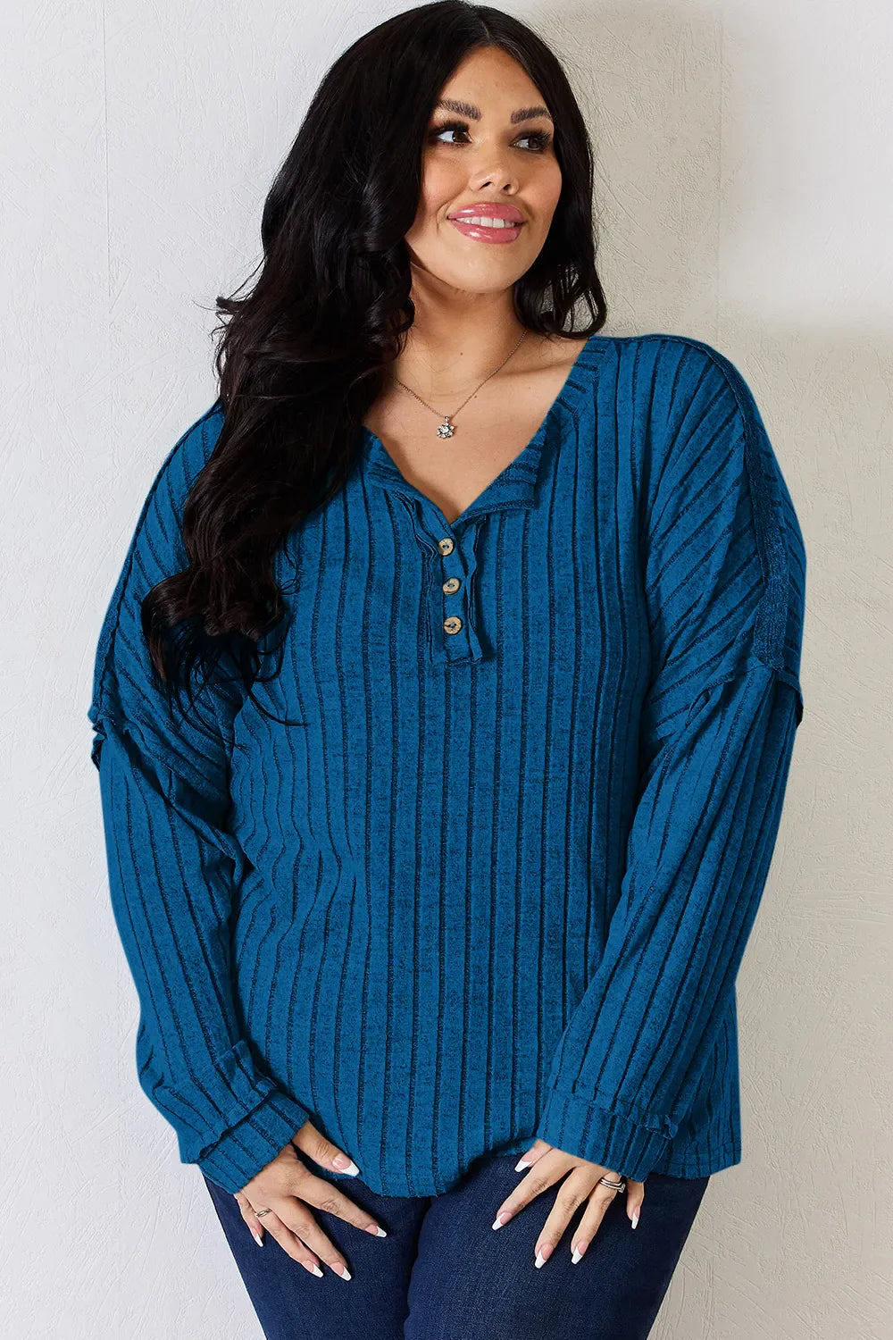 Basic Bae Full Size Ribbed Half Button Long Sleeve T-shirt
