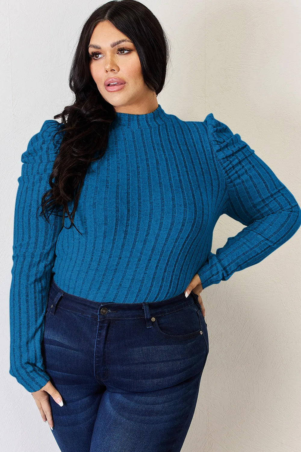 Basic Bae Full Size Ribbed Mock Neck Puff Sleeve T-shirt | Includes Plus Size