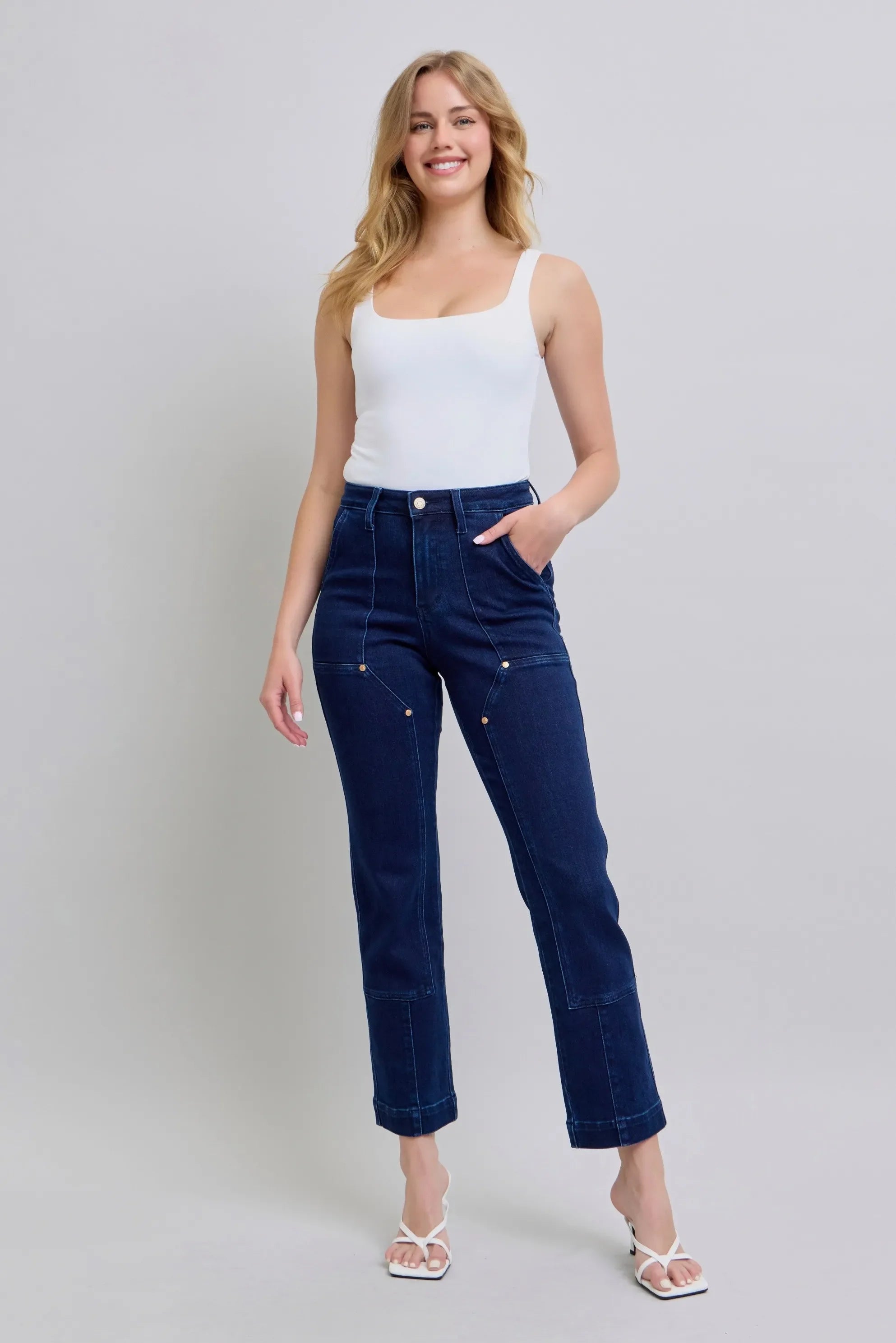 Judy Blue Full Size Hw Work Wear Knee Patch Straight Jeans | Includes Plus Size