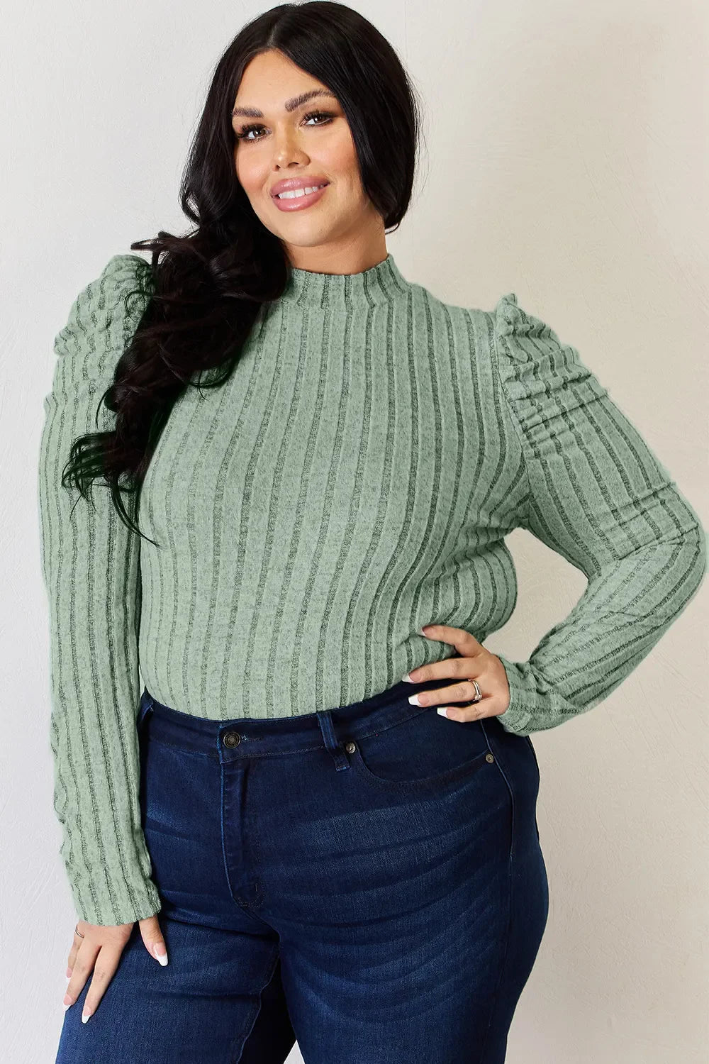 Basic Bae Full Size Ribbed Mock Neck Puff Sleeve T-shirt | Includes Plus Size