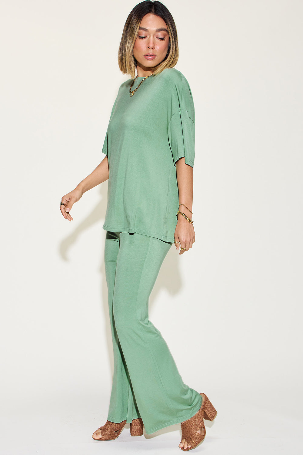 Basic Bae Full Size Bamboo Drop Shoulder T-shirt And Flare Pants Set