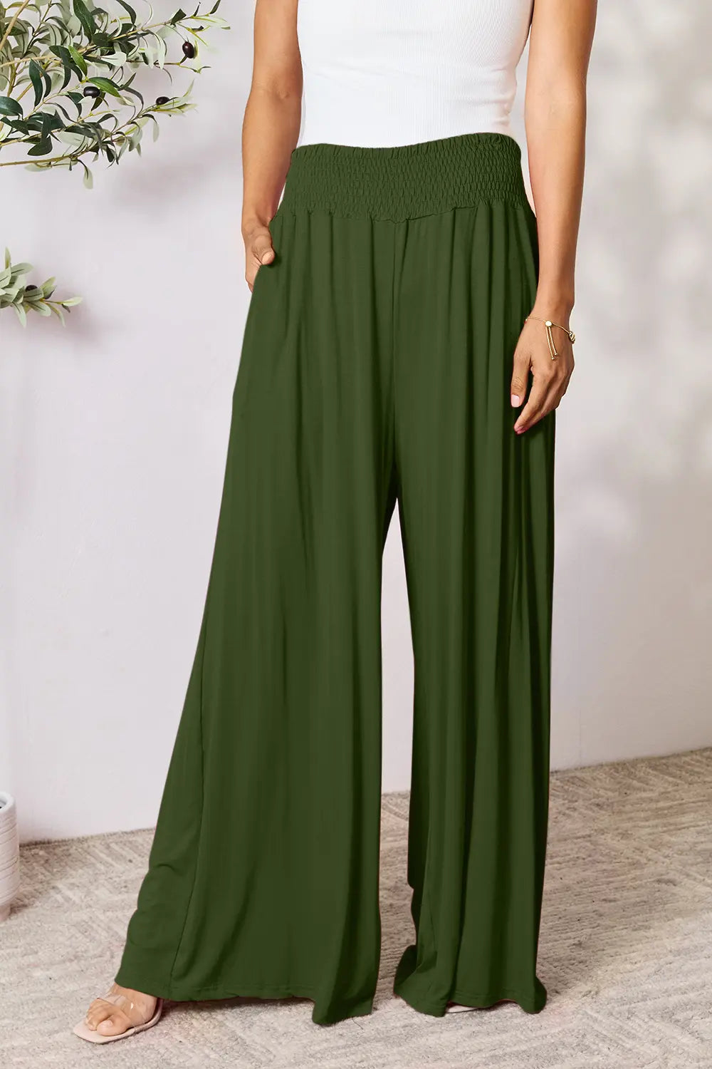Basic Bae Full Size Smocked Wide Waistband Wide Leg Pants | Includes Plus Size