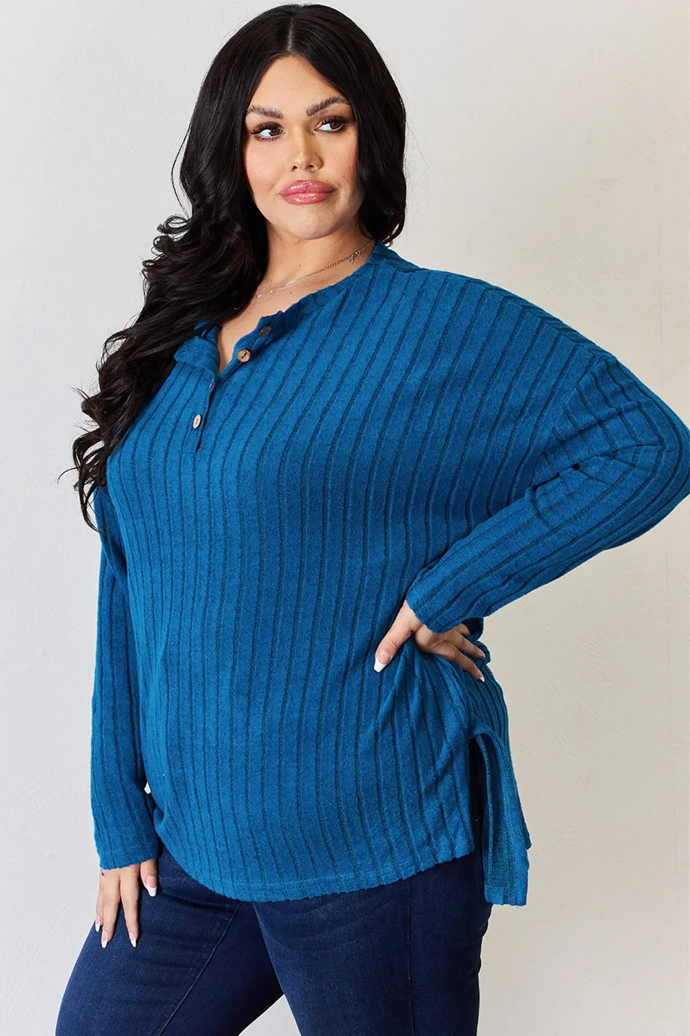 Basic Bae Full Size Ribbed Half Button Long Sleeve High-low Knit Top | Includes Plus Size