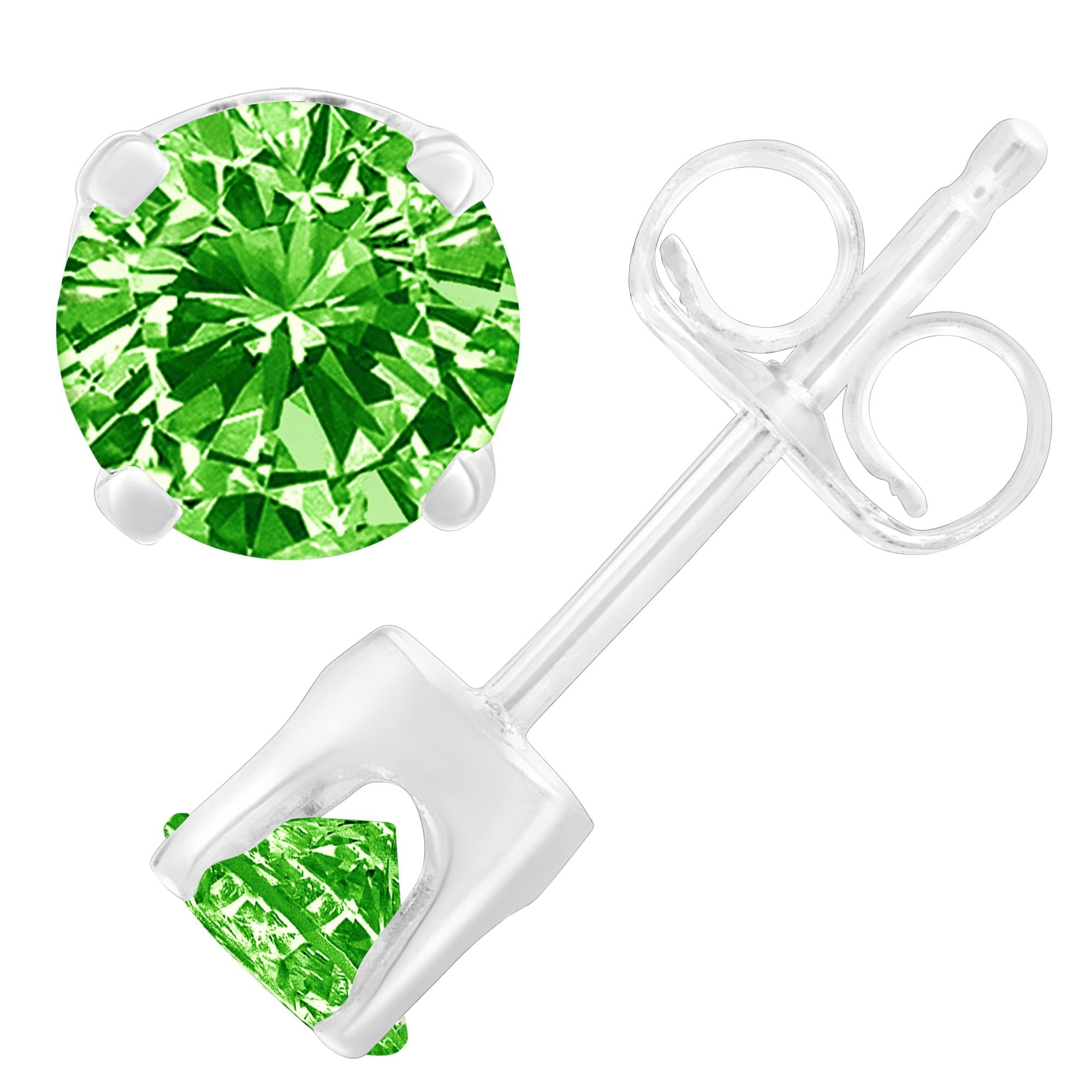 .925 Sterling Silver 1/5 Cttw Round Brilliant-cut Green Diamond Classic 4-prong Stud Earrings (fancy Color-enhanced, I2-i3 Clarity)