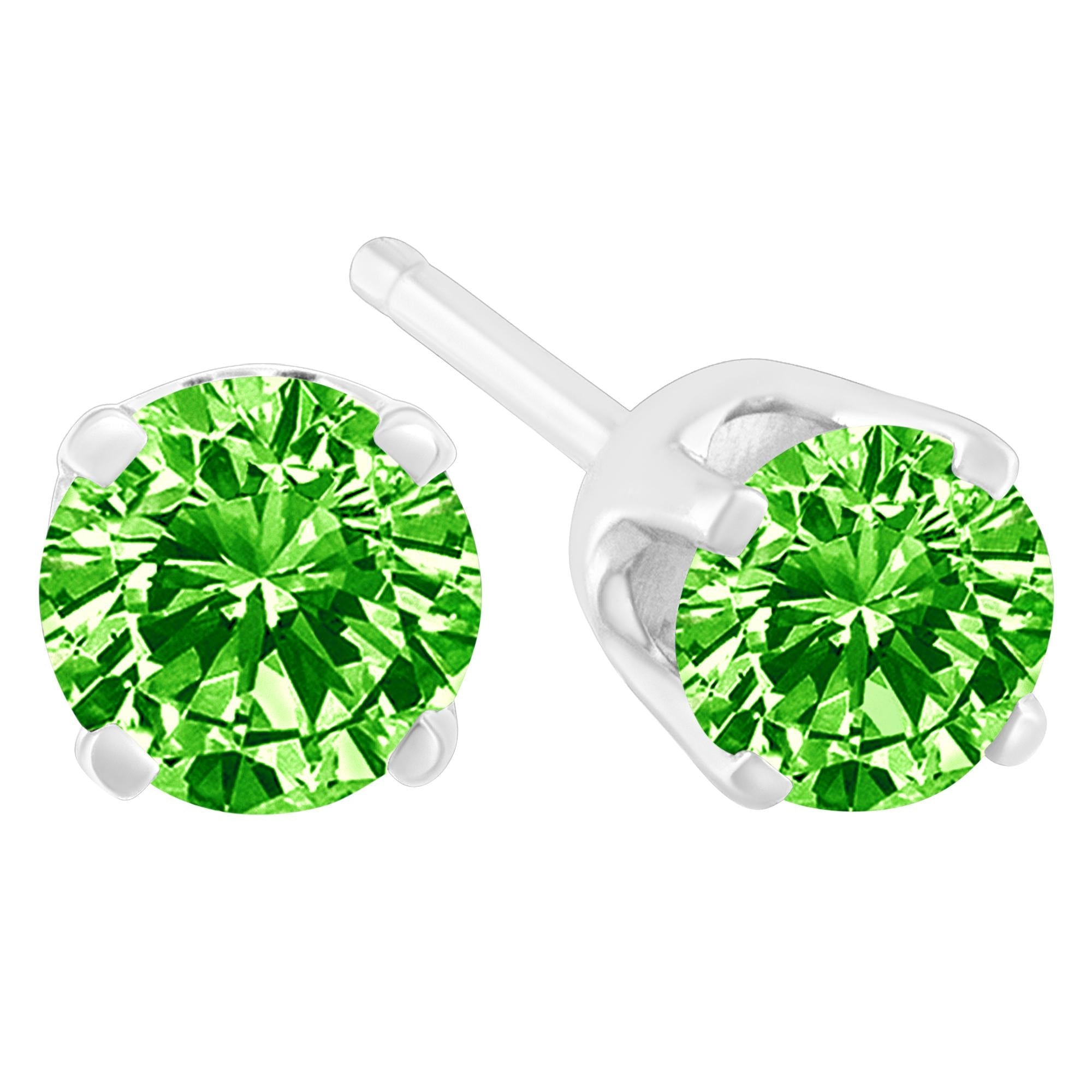 .925 Sterling Silver 1/5 Cttw Round Brilliant-cut Green Diamond Classic 4-prong Stud Earrings (fancy Color-enhanced, I2-i3 Clarity)