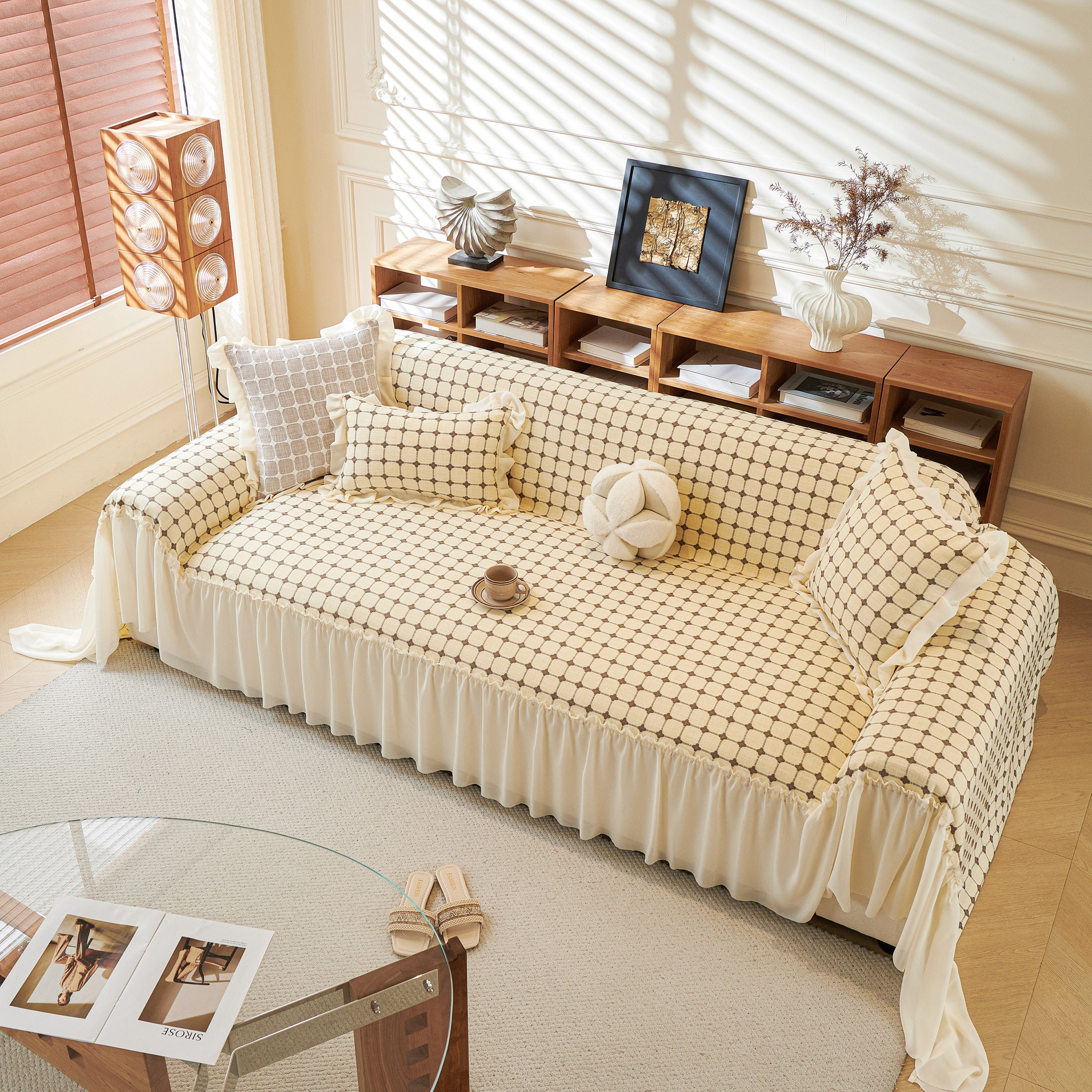 Grid Textured Sofa Cover With Sheer Ruffle Skirt, Pet-friendly Sofa Throw Slipcover