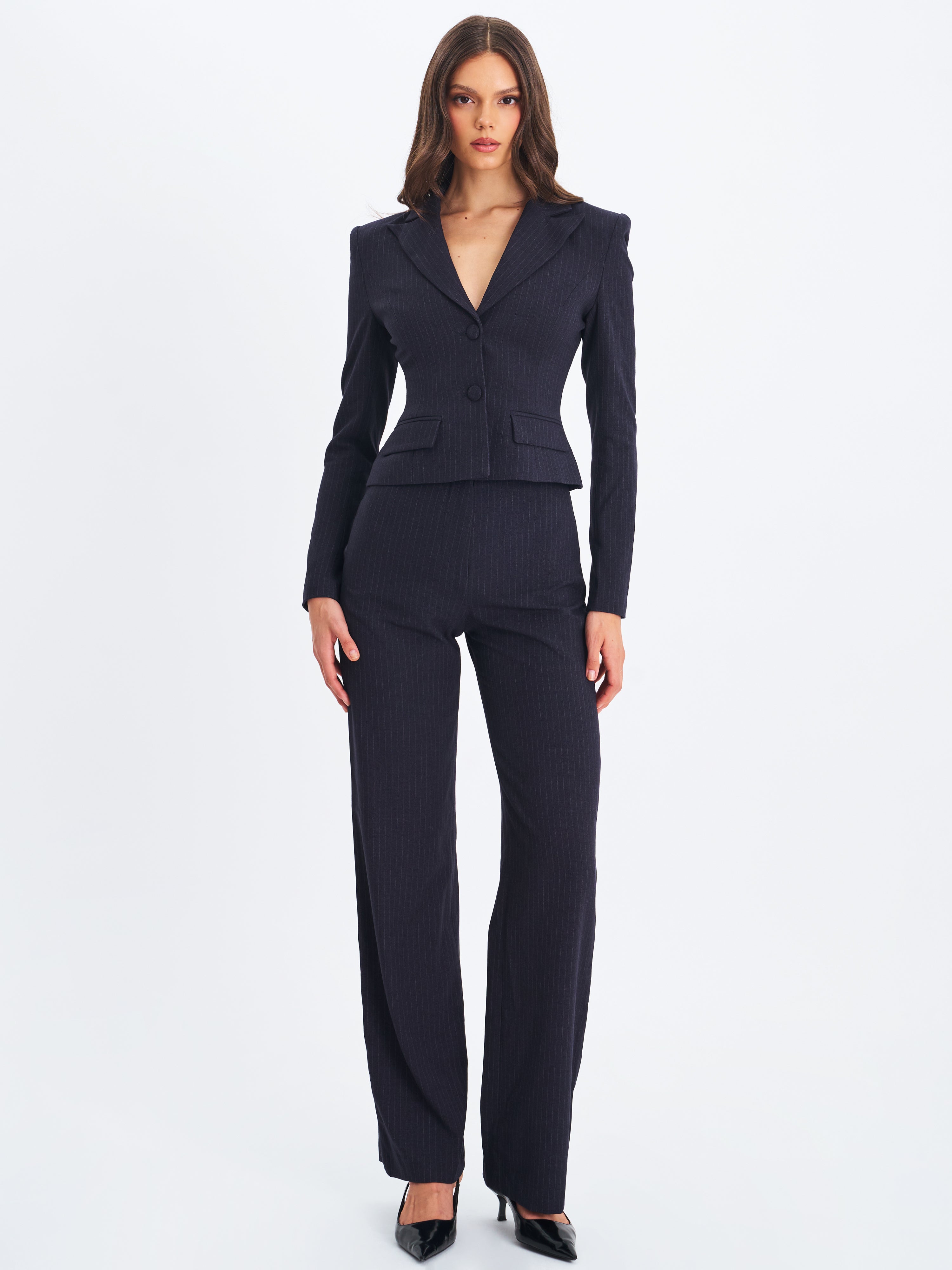 Quinnie Navy Striped High-waisted Straight Leg Pants