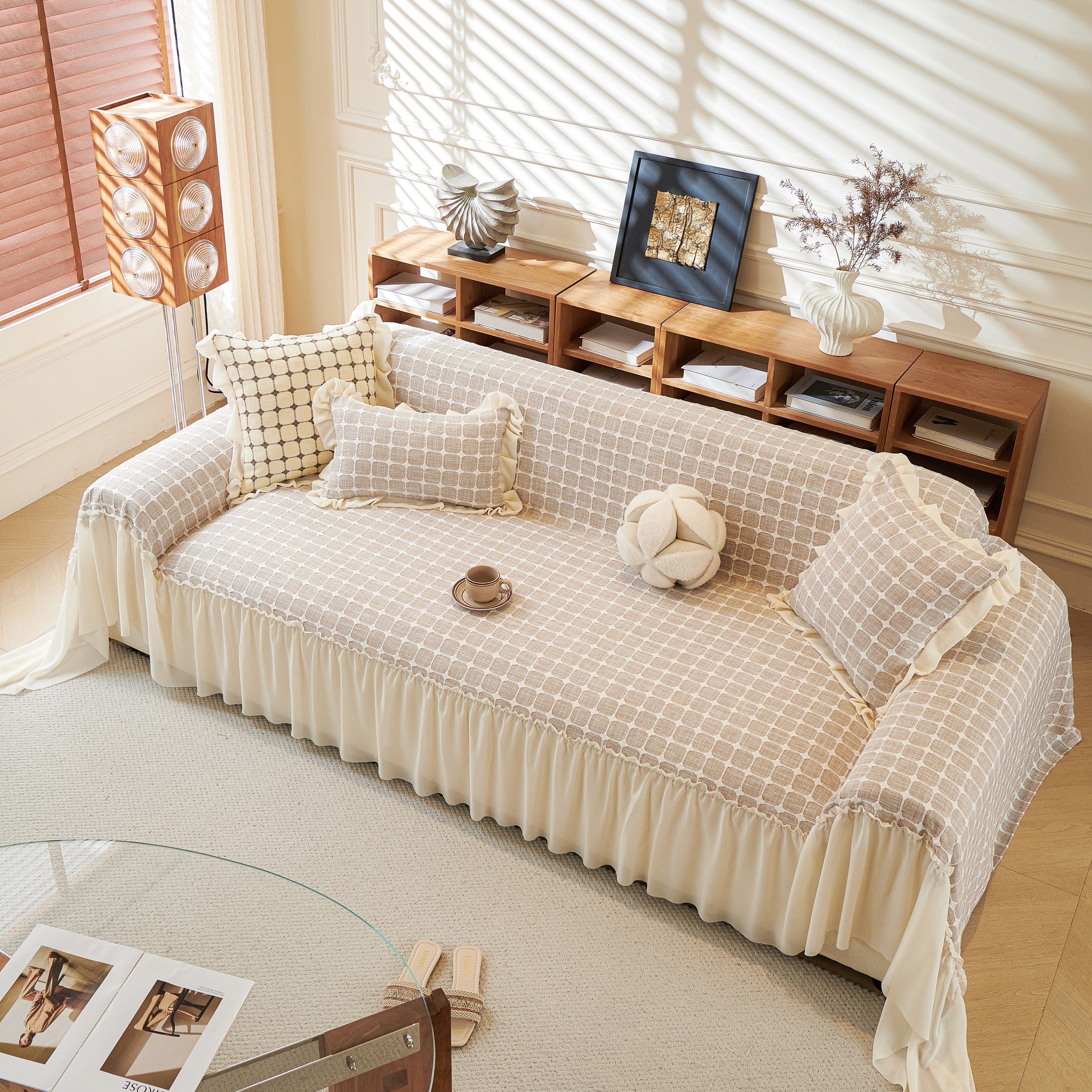 Grid Textured Sofa Cover With Sheer Ruffle Skirt, Pet-friendly Sofa Throw Slipcover