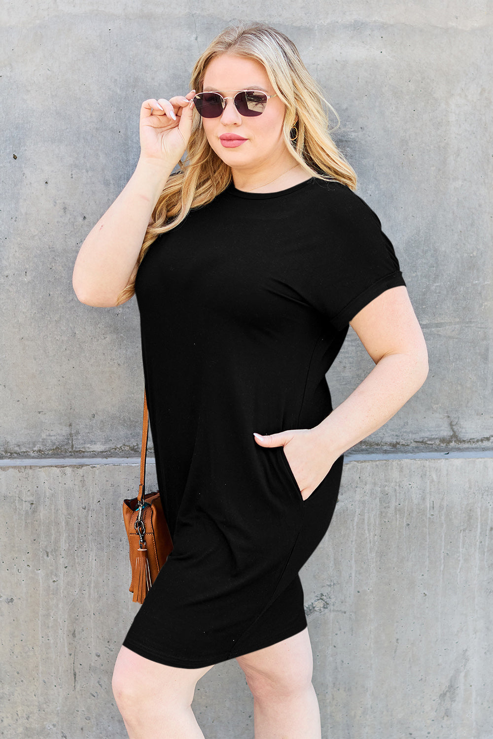 Basic Bae Bamboo Full Size Round Neck Short Sleeve Dress With Pockets | Includes Plus Size