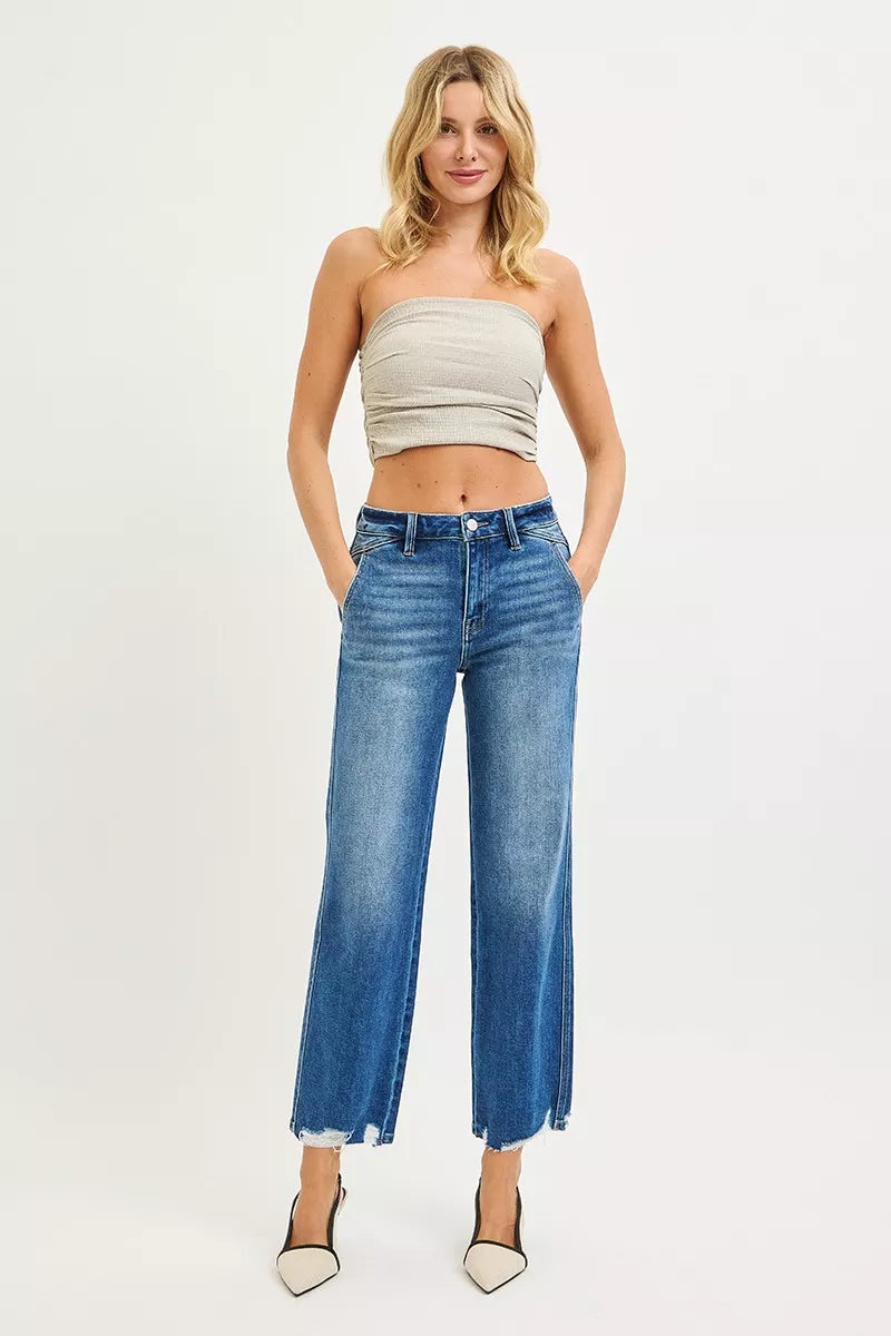 Risen High Rise Ankle Straight Distressed Hem Detail Jeans