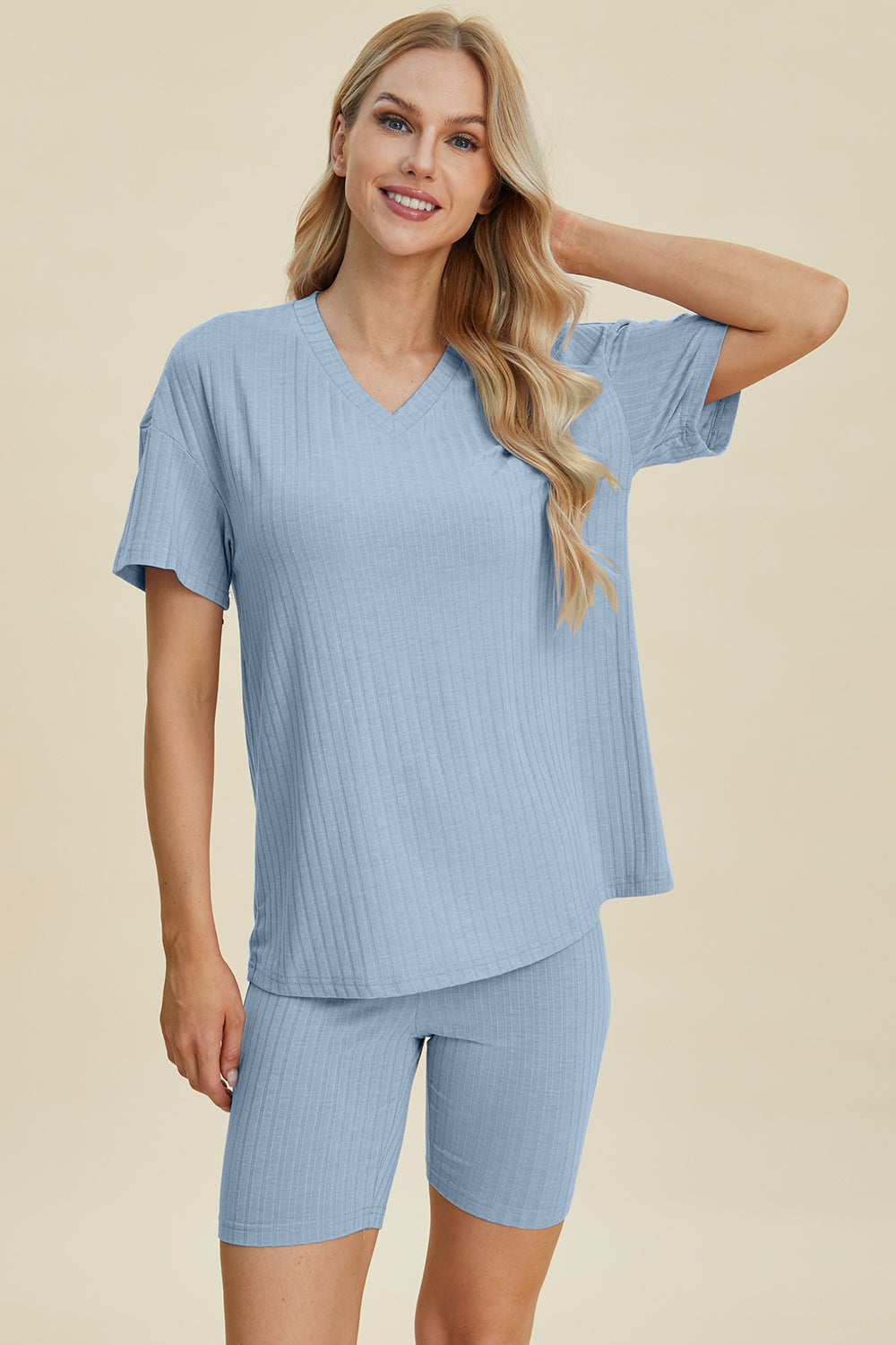 Basic Bae Full Size Ribbed V-neck Short Sleeve Top And Shorts Set
