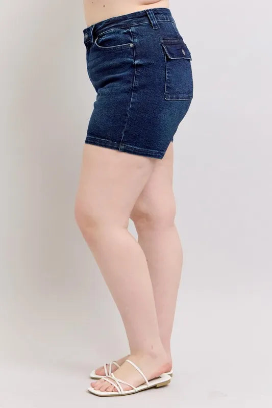 Judy Blue Full Size High Waist Back Flap Pocket Denim Shorts | Includes Plus Size