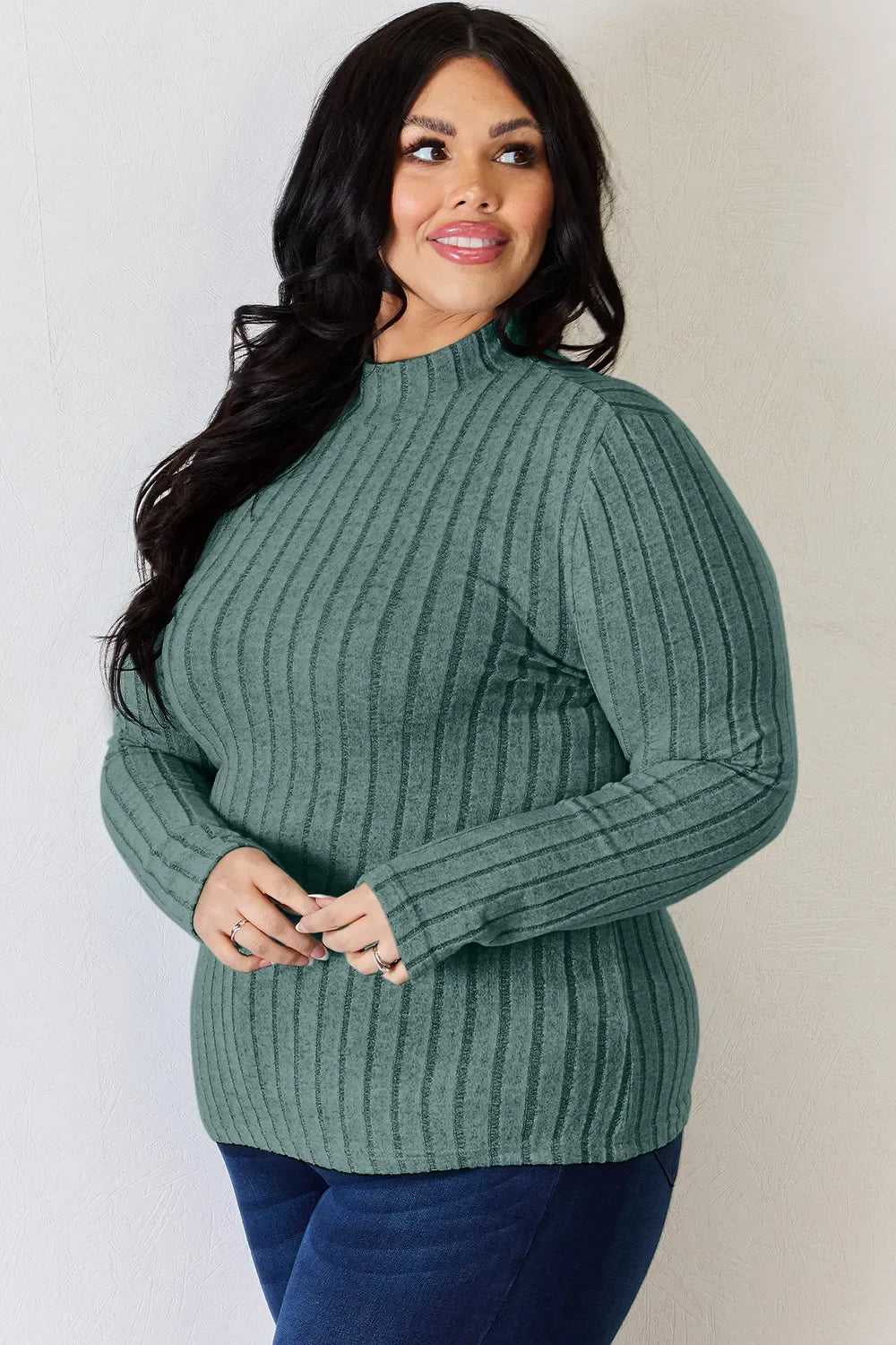 Basic Bae Full Size Ribbed Mock Neck Long Sleeve Knit Top | Includes Plus Size