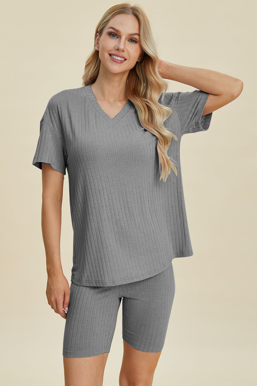 Basic Bae Full Size Ribbed V-neck Short Sleeve Top And Shorts Set