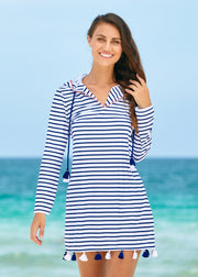 Navy Stripe Hooded Cover Up | Includes Plus Size