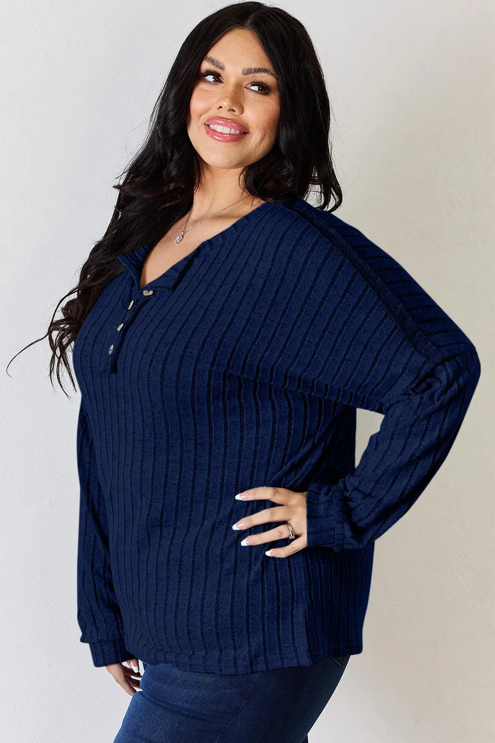 Basic Bae Full Size Ribbed Half Button Long Sleeve T-shirt