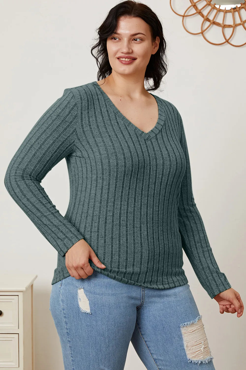 Basic Bae Full Size Ribbed V-neck Long Sleeve Knit Top | Includes Plus Size