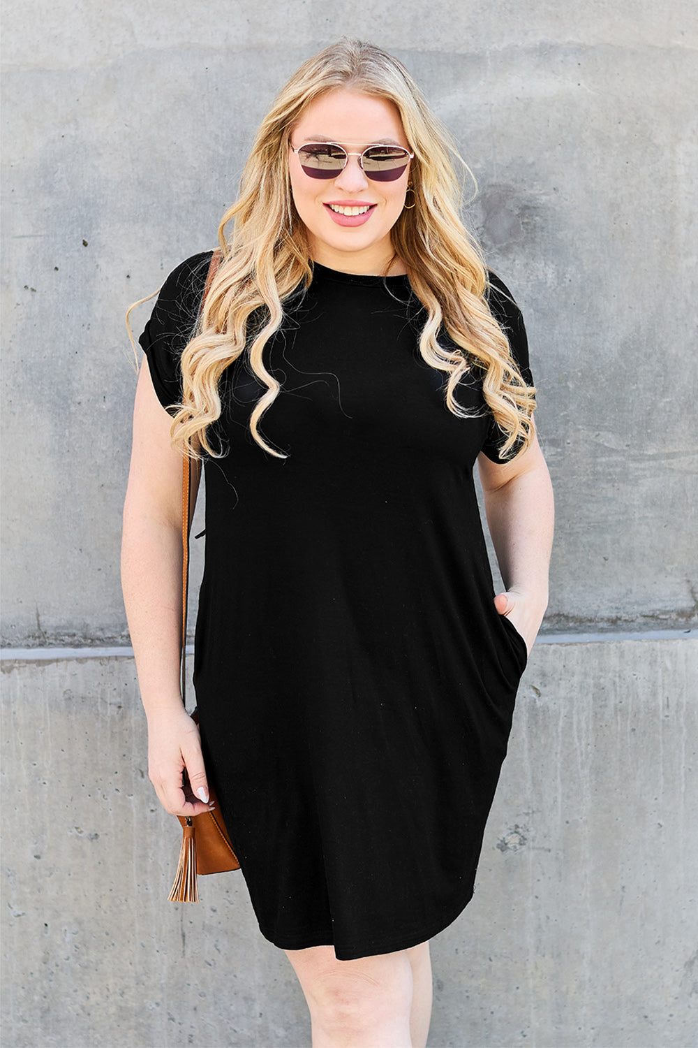 Basic Bae Bamboo Full Size Round Neck Short Sleeve Dress With Pockets | Includes Plus Size