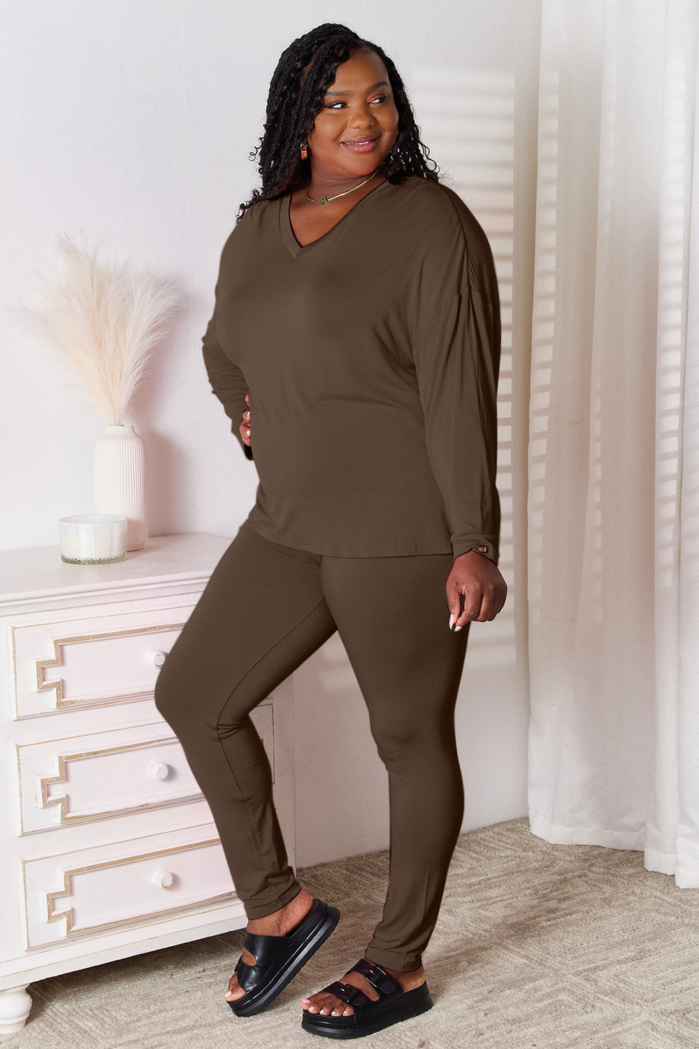 Basic Bae Bamboo Full Size V-neck Long Sleeve Top And Pants Lounge Set
