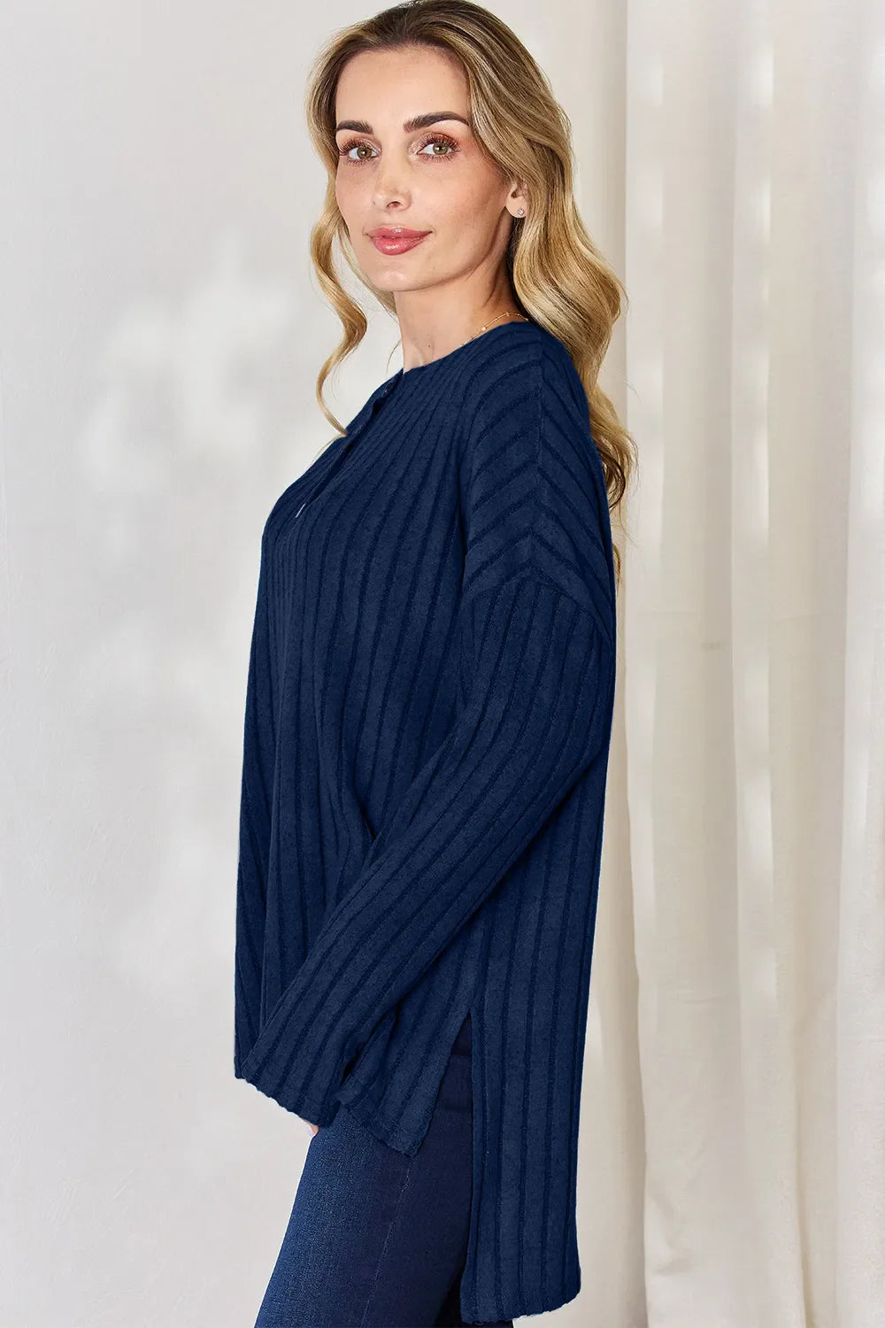 Basic Bae Full Size Ribbed Half Button Long Sleeve High-low Knit Top | Includes Plus Size