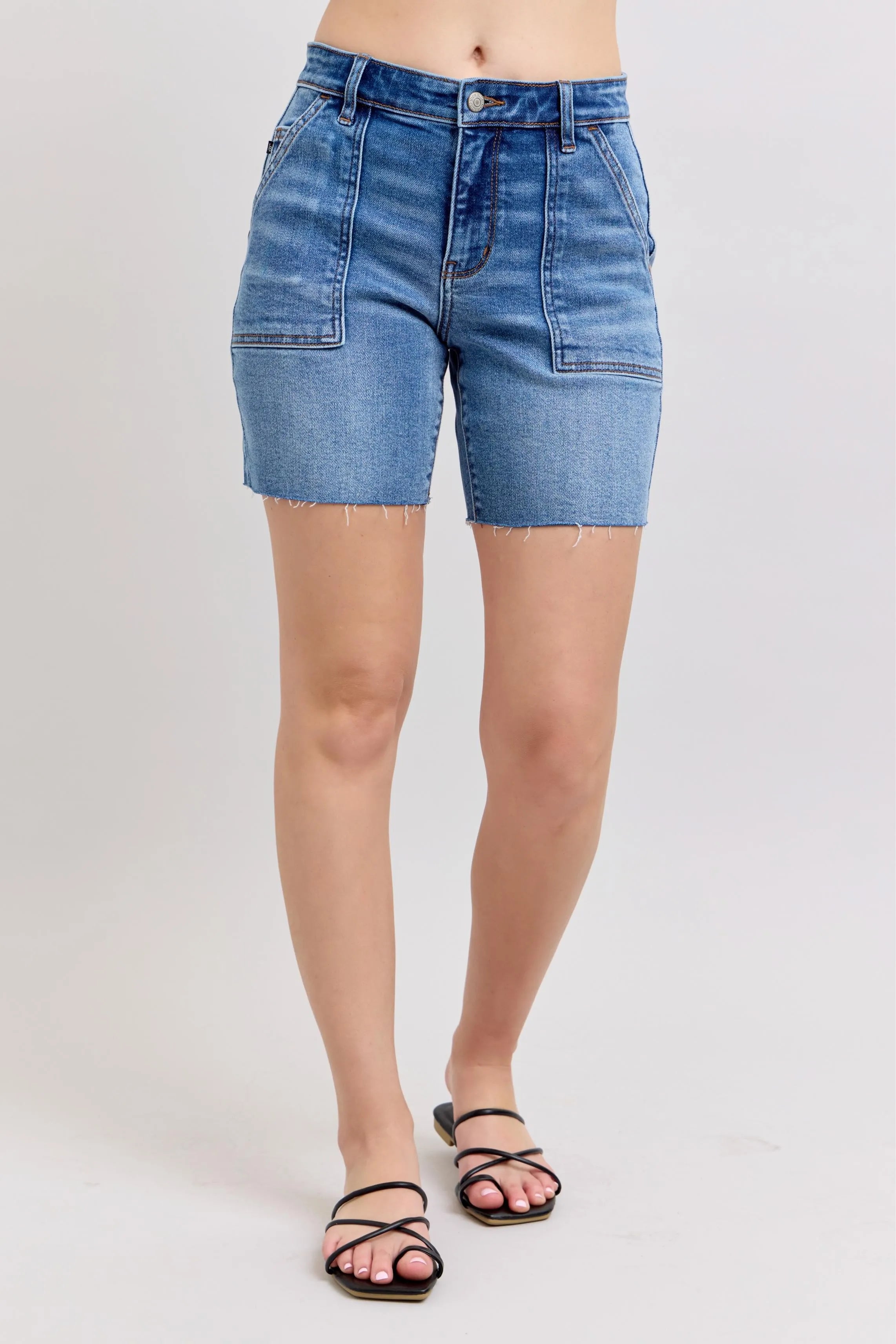 Judy Blue Full Size Mid Rise Bermudas Denim Shorts W/ Back Flap Pockets | Includes Plus Size