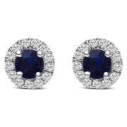 10k White Gold 3.25mm X 3.25mm Round Blue Sapphire And 1/10 Cttw Diamond Halo Stud Earrings (i-j Color, I1-i2 Clarity)