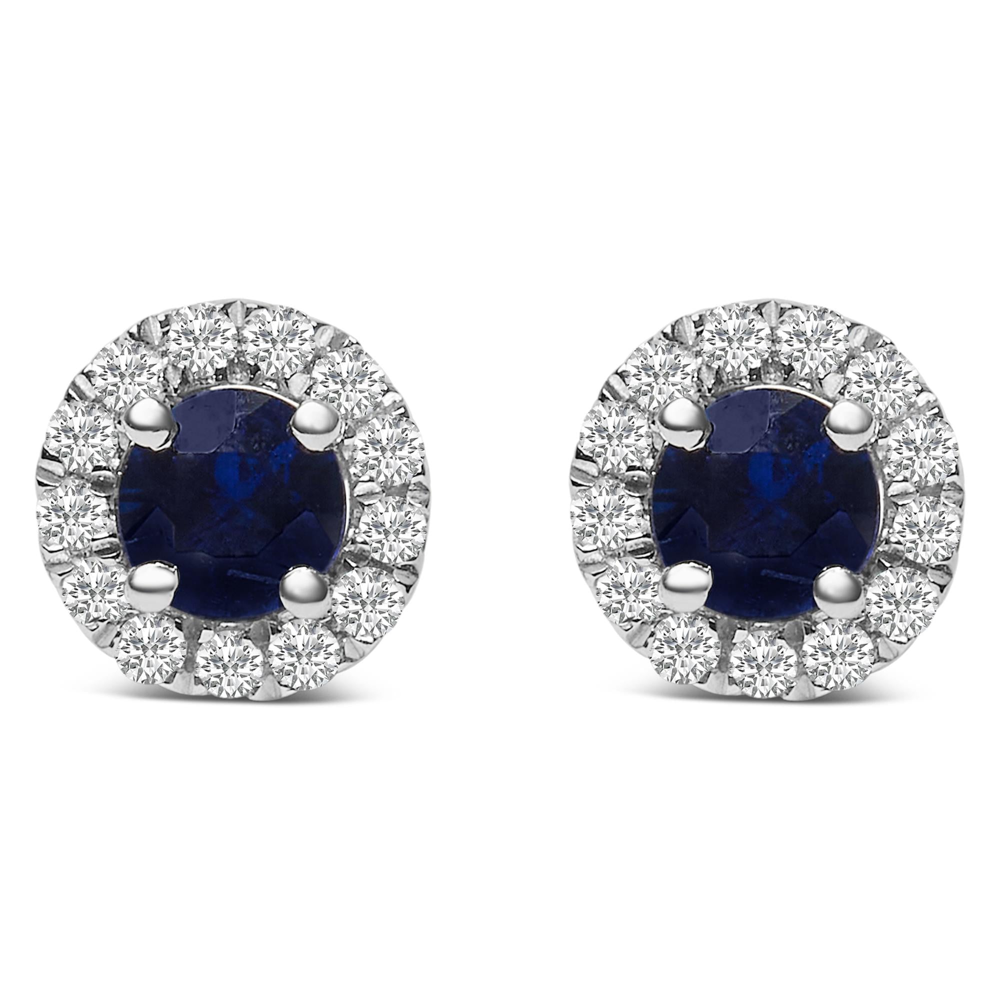 10k White Gold 3.25mm X 3.25mm Round Blue Sapphire And 1/10 Cttw Diamond Halo Stud Earrings (i-j Color, I1-i2 Clarity)