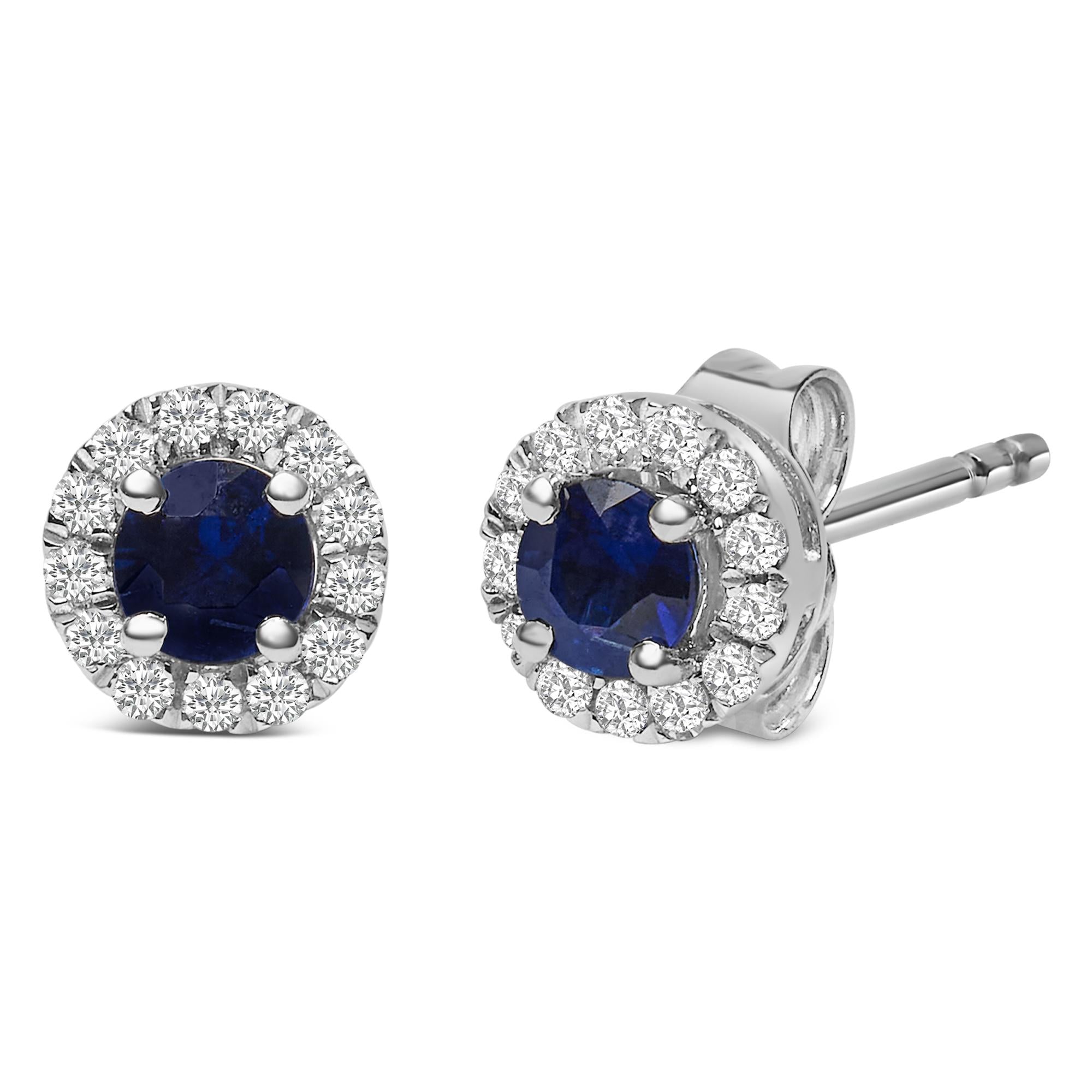 10k White Gold 3.25mm X 3.25mm Round Blue Sapphire And 1/10 Cttw Diamond Halo Stud Earrings (i-j Color, I1-i2 Clarity)