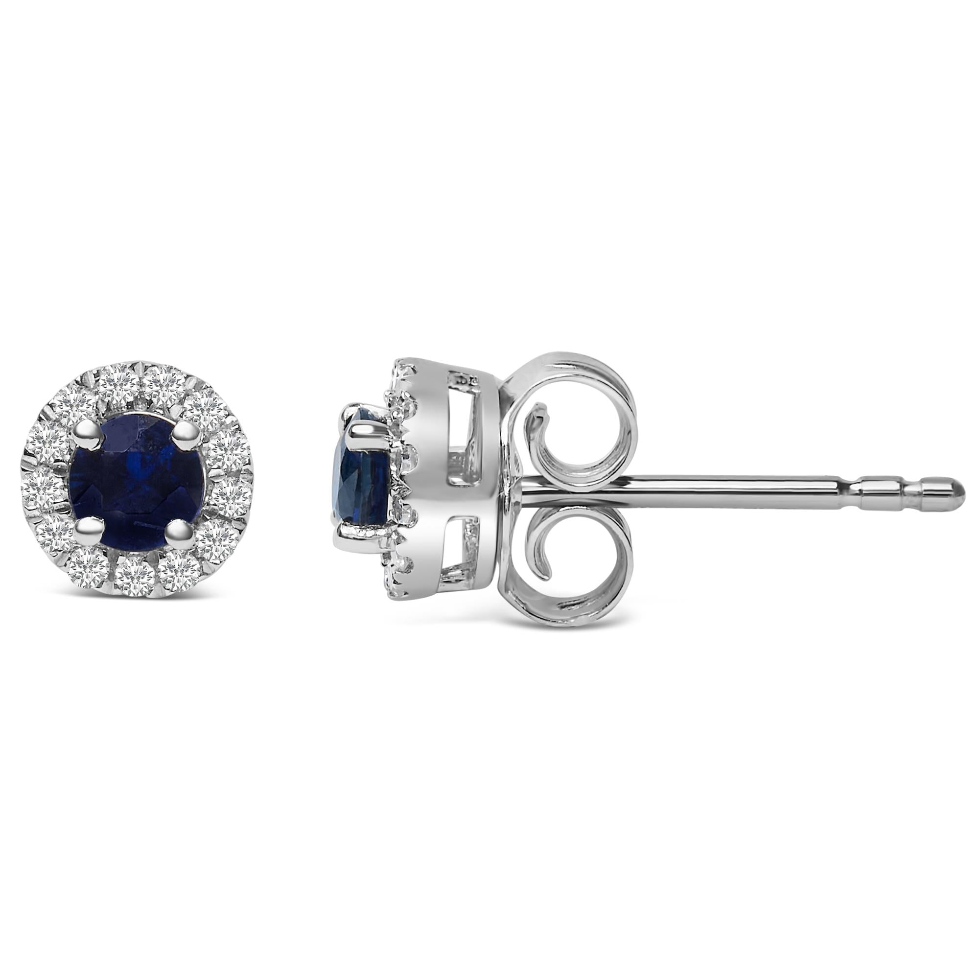 10k White Gold 3.25mm X 3.25mm Round Blue Sapphire And 1/10 Cttw Diamond Halo Stud Earrings (i-j Color, I1-i2 Clarity)