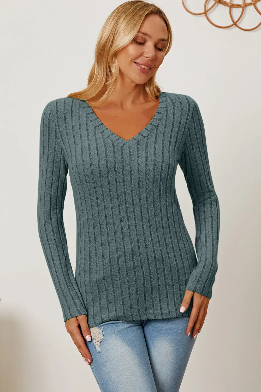 Basic Bae Full Size Ribbed V-neck Long Sleeve Knit Top | Includes Plus Size