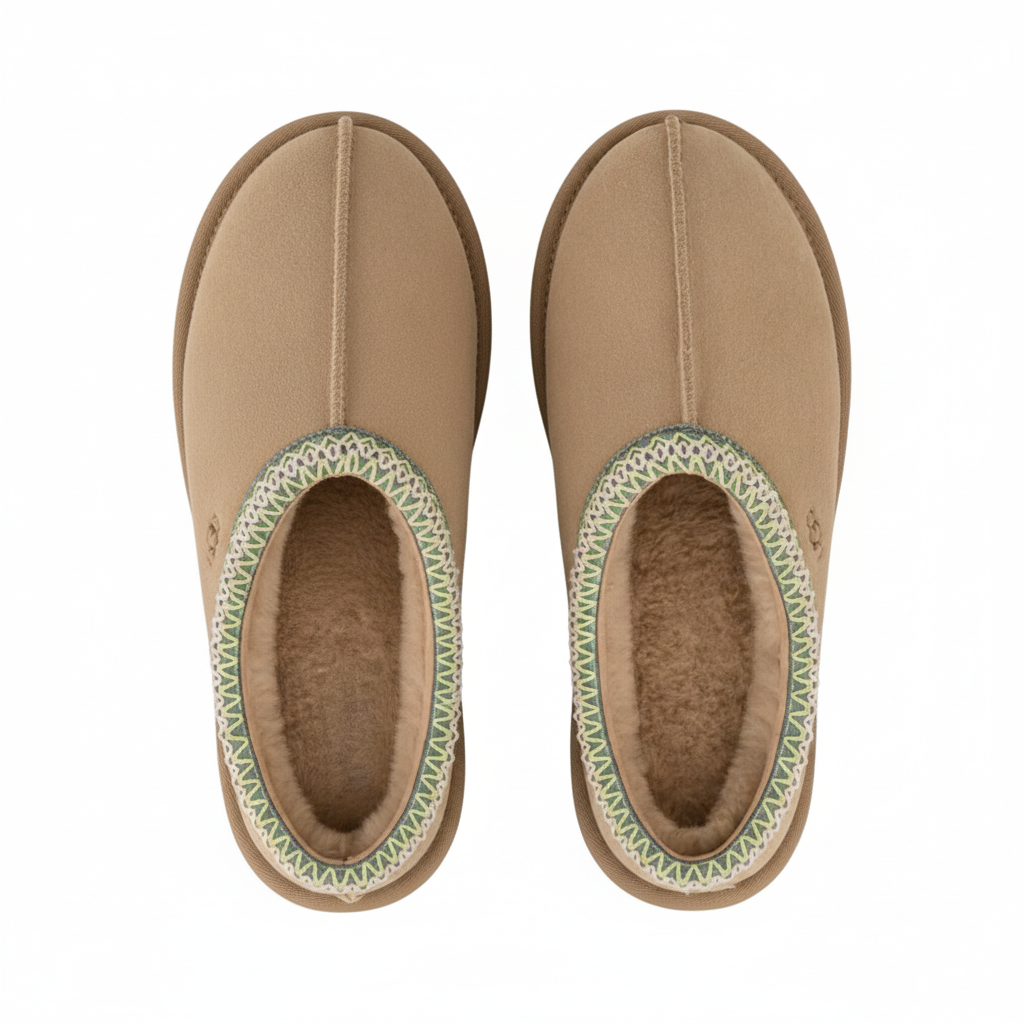 Brown slipper with green trim on a white background