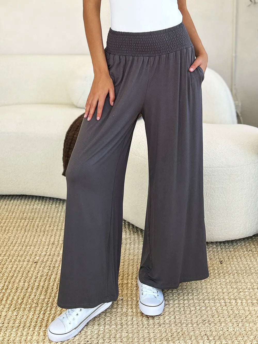 Basic Bae Full Size Smocked Wide Waistband Wide Leg Pants | Includes Plus Size