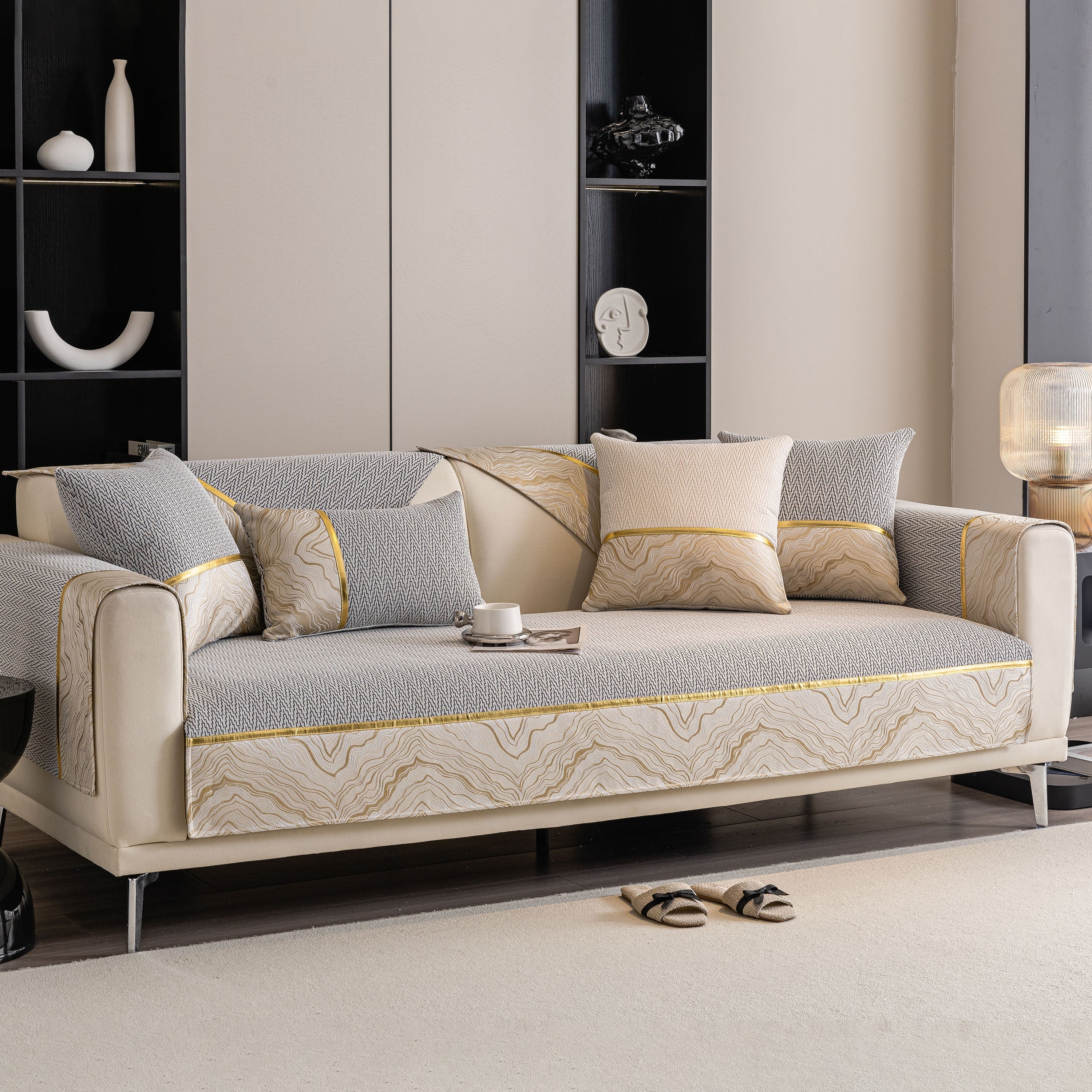 Non-slip Couch Cover With Gold Trim, Sofa Slipcover For Sectional & Loveseat