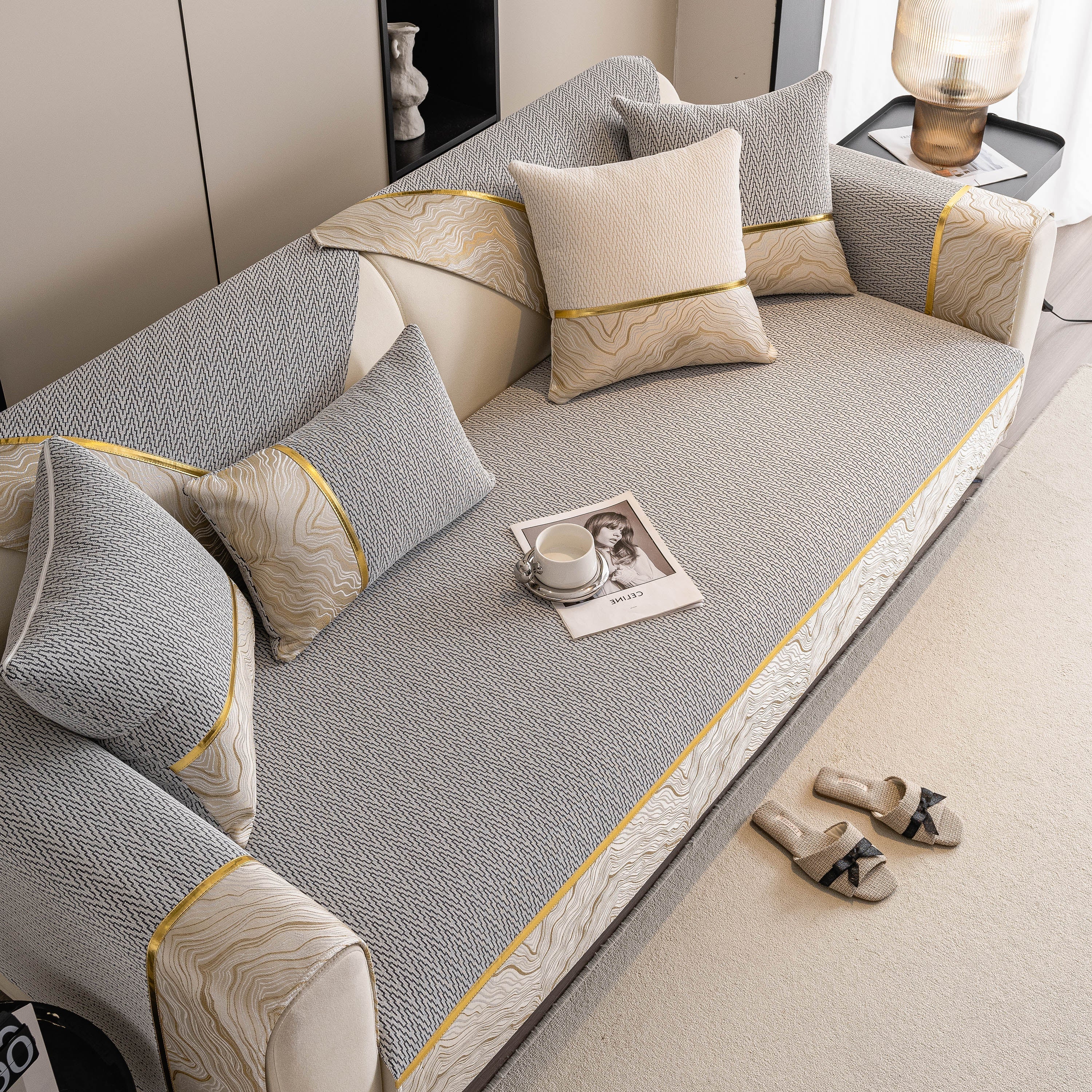 Non-slip Couch Cover With Gold Trim, Sofa Slipcover For Sectional & Loveseat