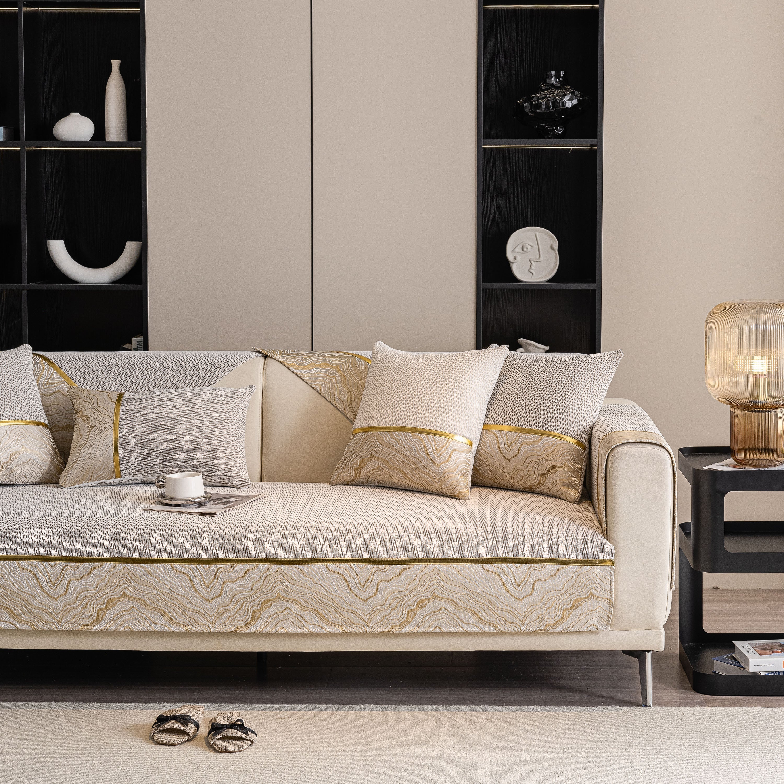 Non-slip Couch Cover With Gold Trim, Sofa Slipcover For Sectional & Loveseat