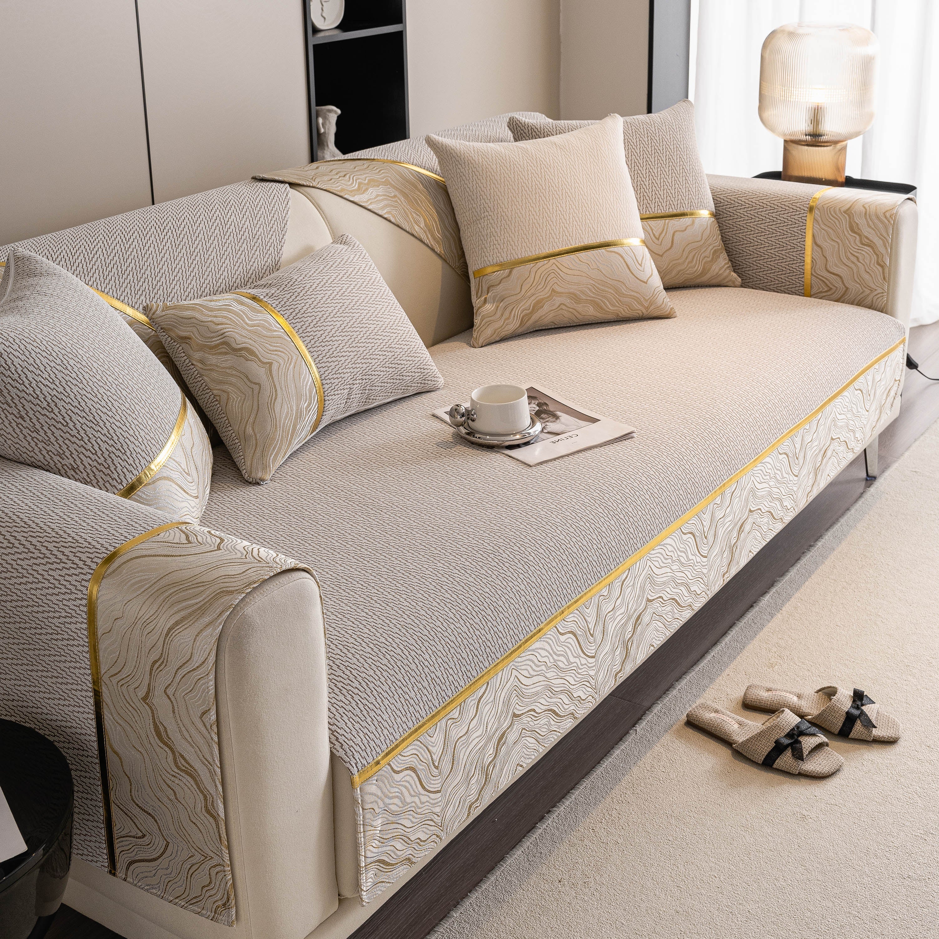 Non-slip Couch Cover With Gold Trim, Sofa Slipcover For Sectional & Loveseat