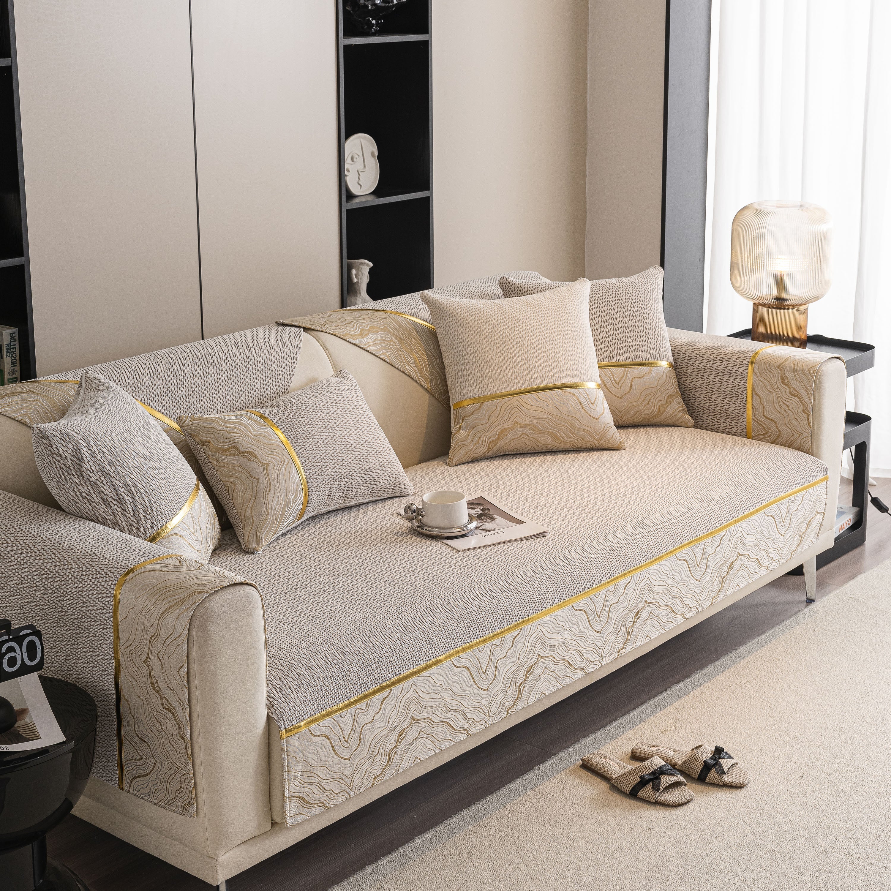 Non-slip Couch Cover With Gold Trim, Sofa Slipcover For Sectional & Loveseat