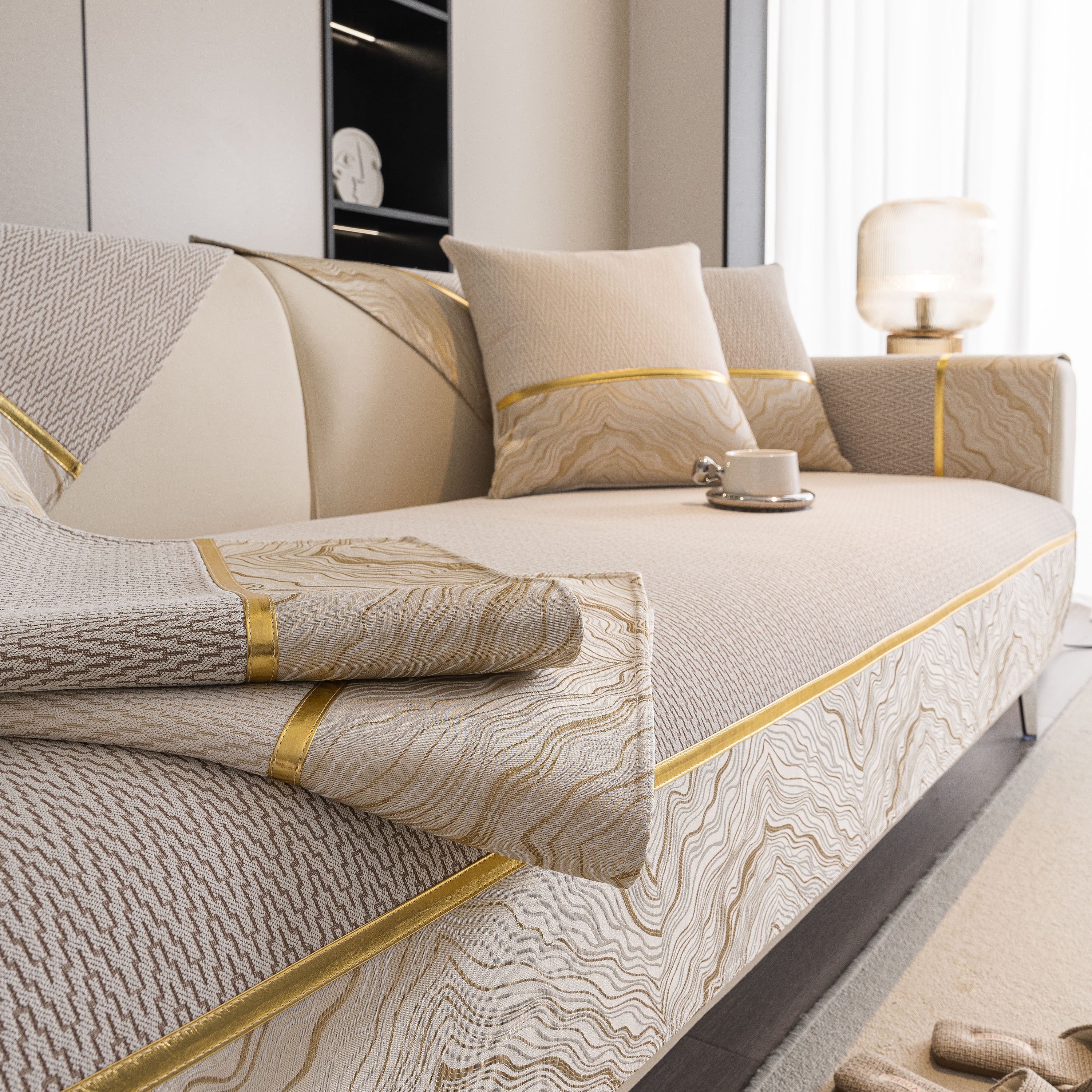 Non-slip Couch Cover With Gold Trim, Sofa Slipcover For Sectional & Loveseat