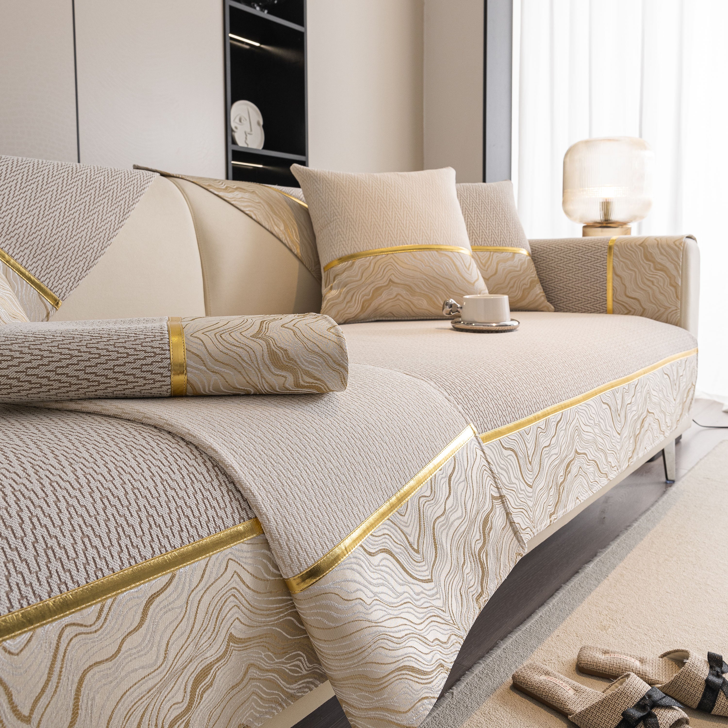 Non-slip Couch Cover With Gold Trim, Sofa Slipcover For Sectional & Loveseat