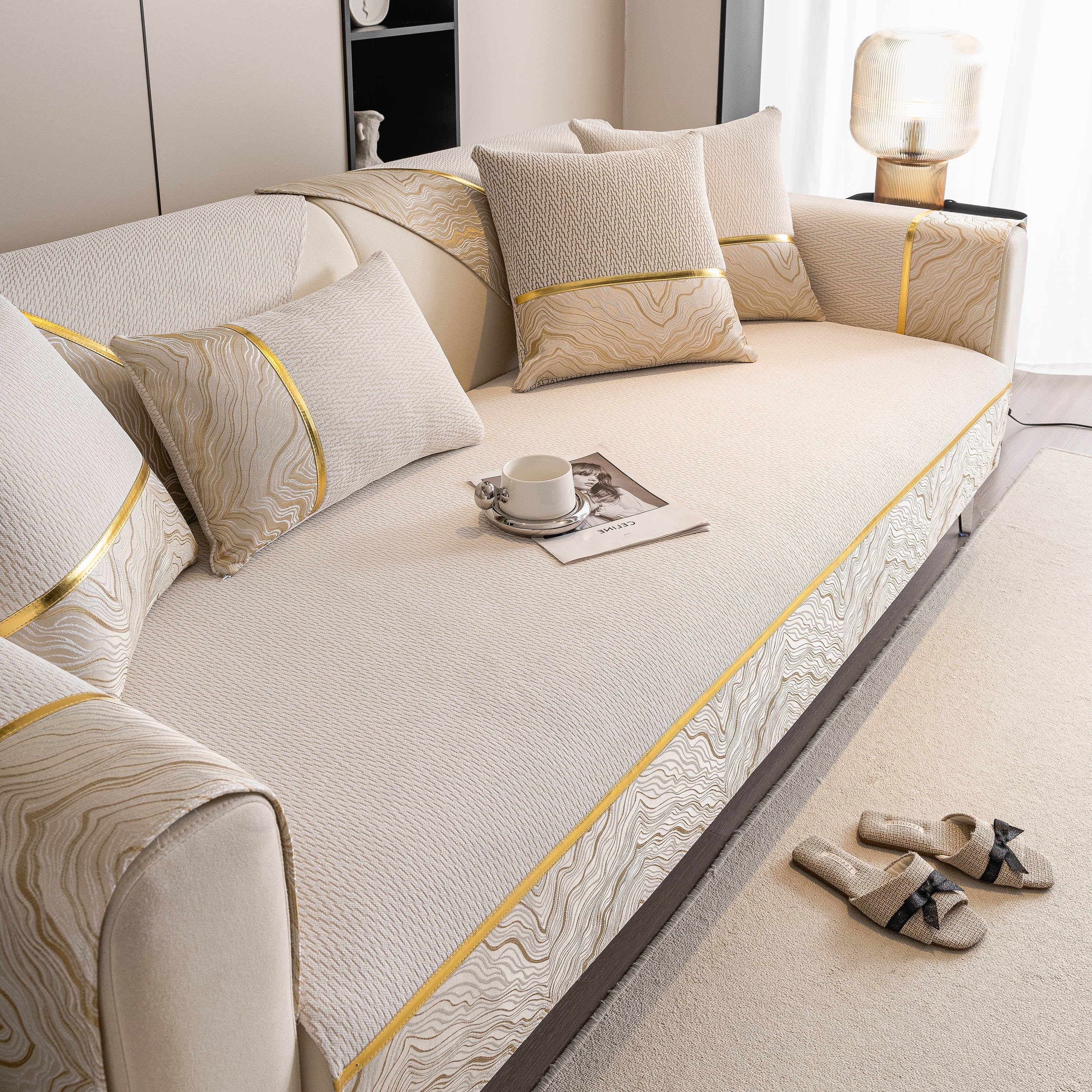 Non-slip Couch Cover With Gold Trim, Sofa Slipcover For Sectional & Loveseat