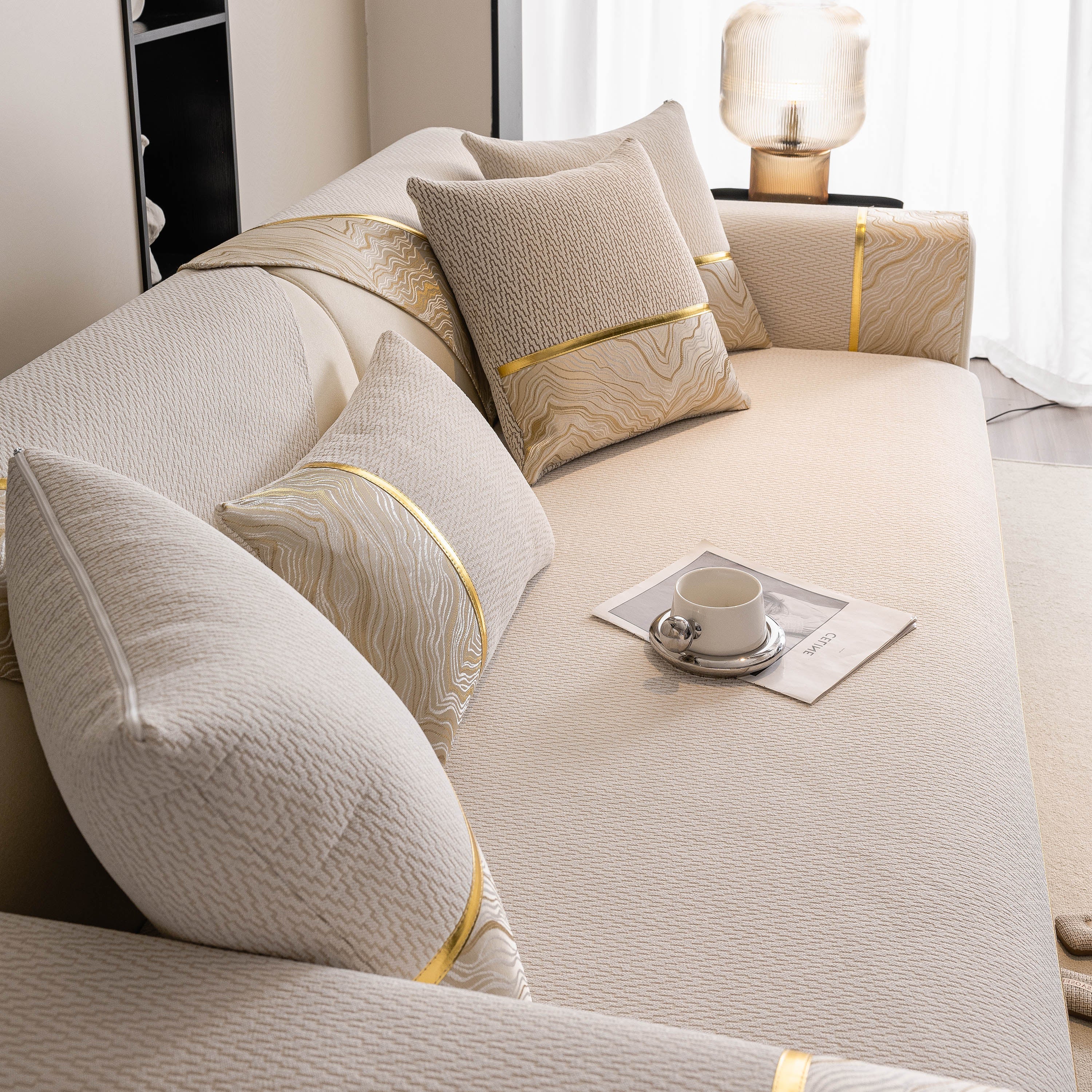 Non-slip Couch Cover With Gold Trim, Sofa Slipcover For Sectional & Loveseat