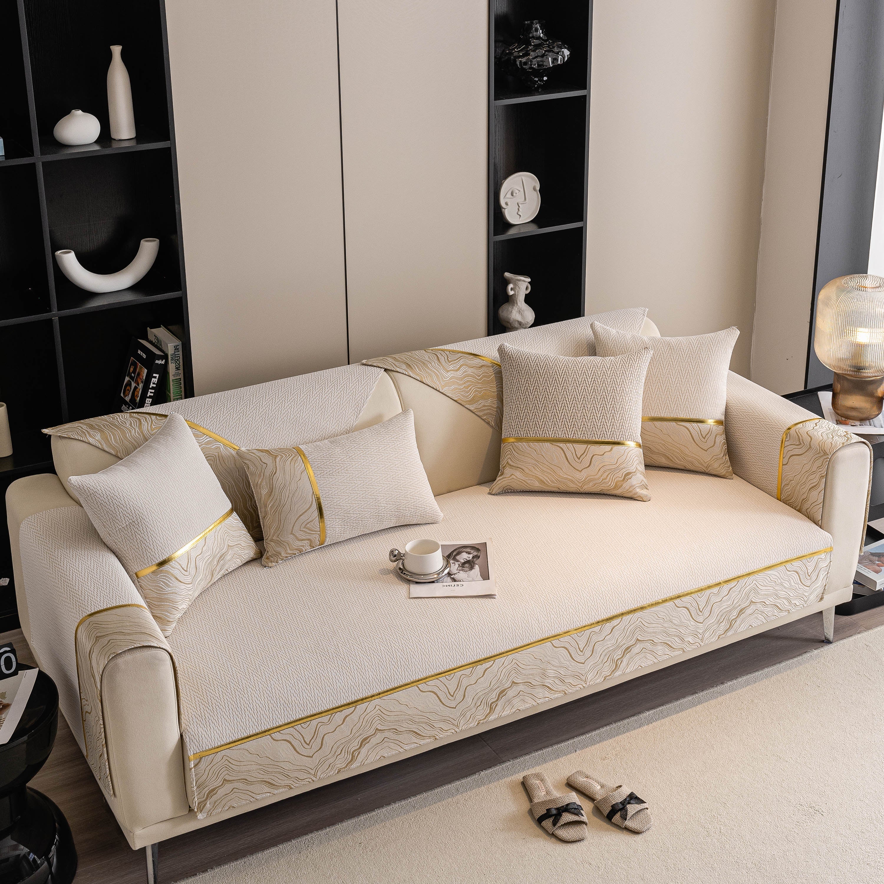 Non-slip Couch Cover With Gold Trim, Sofa Slipcover For Sectional & Loveseat