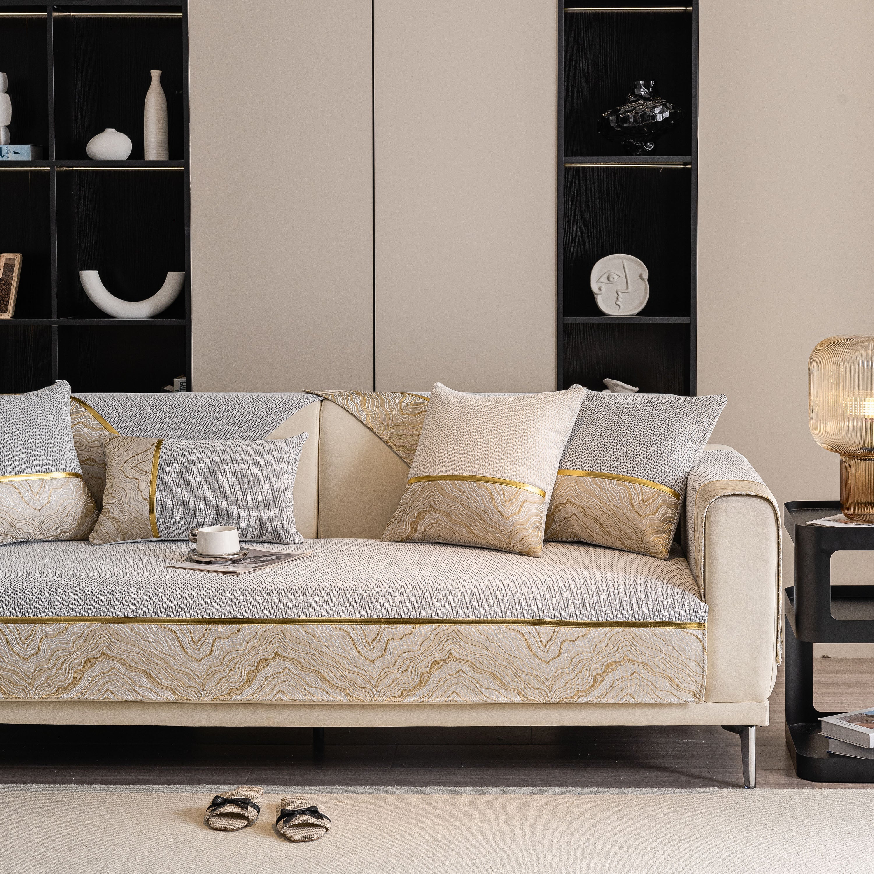Non-slip Couch Cover With Gold Trim, Sofa Slipcover For Sectional & Loveseat
