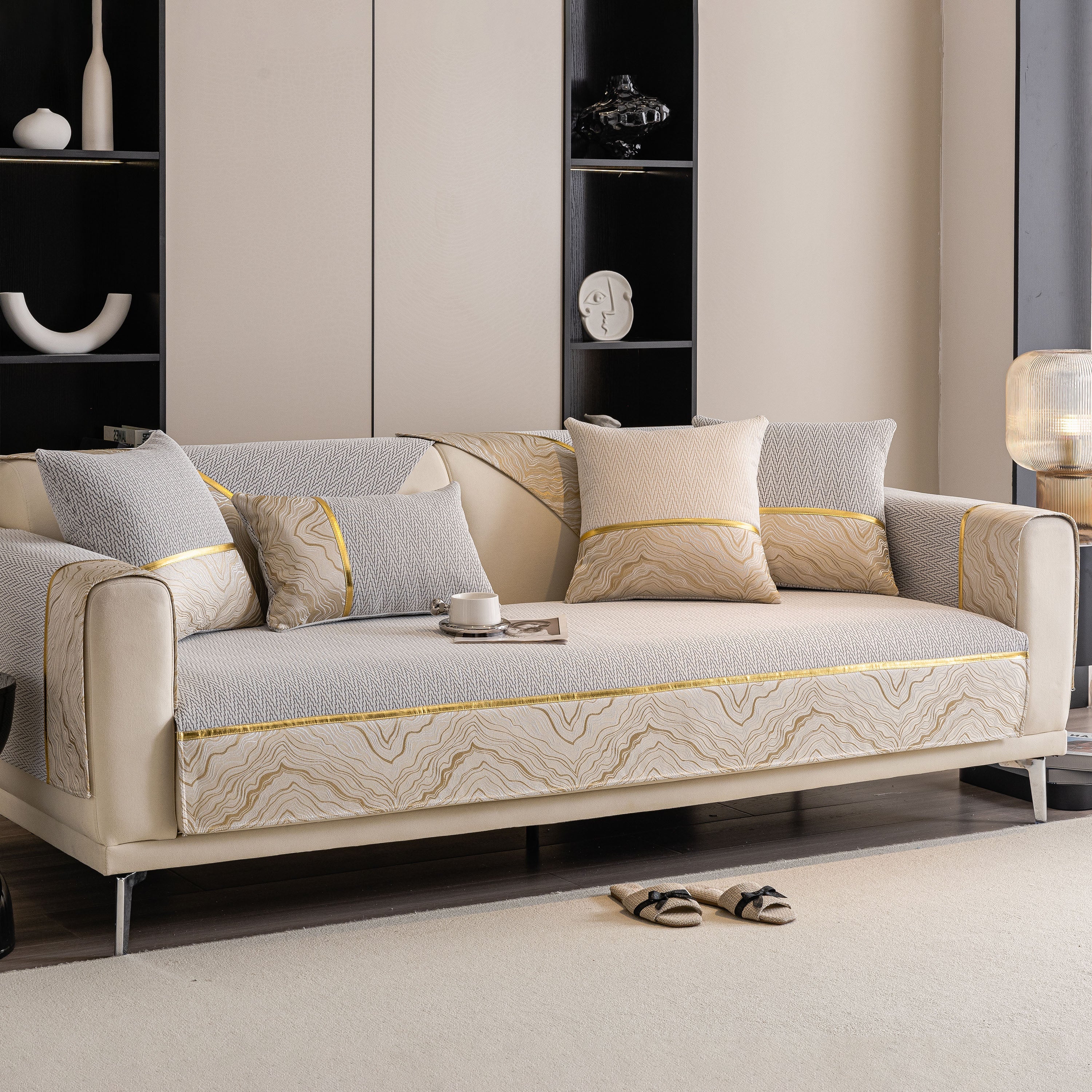 Non-slip Couch Cover With Gold Trim, Sofa Slipcover For Sectional & Loveseat