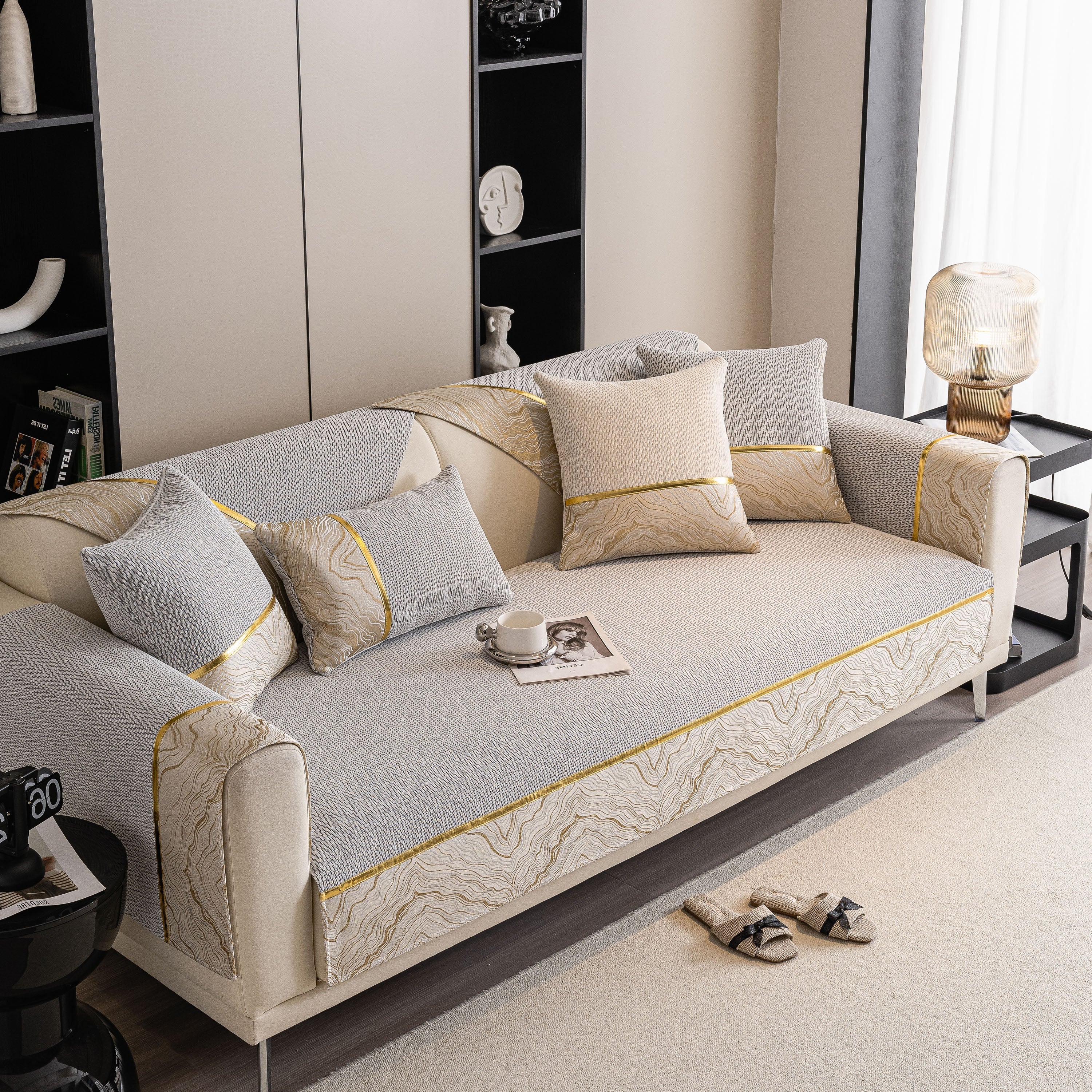 Non-slip Couch Cover With Gold Trim, Sofa Slipcover For Sectional & Loveseat