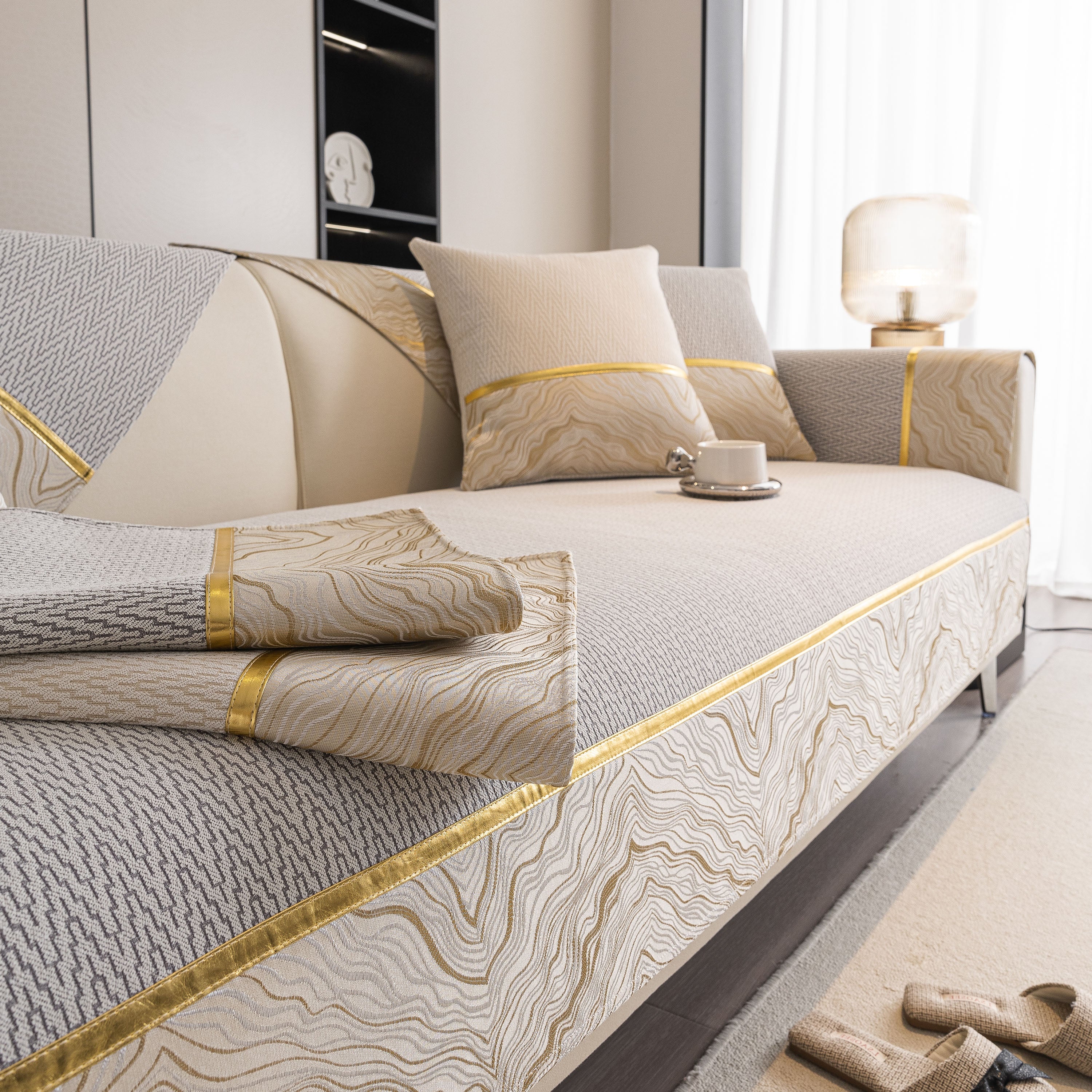 Non-slip Couch Cover With Gold Trim, Sofa Slipcover For Sectional & Loveseat