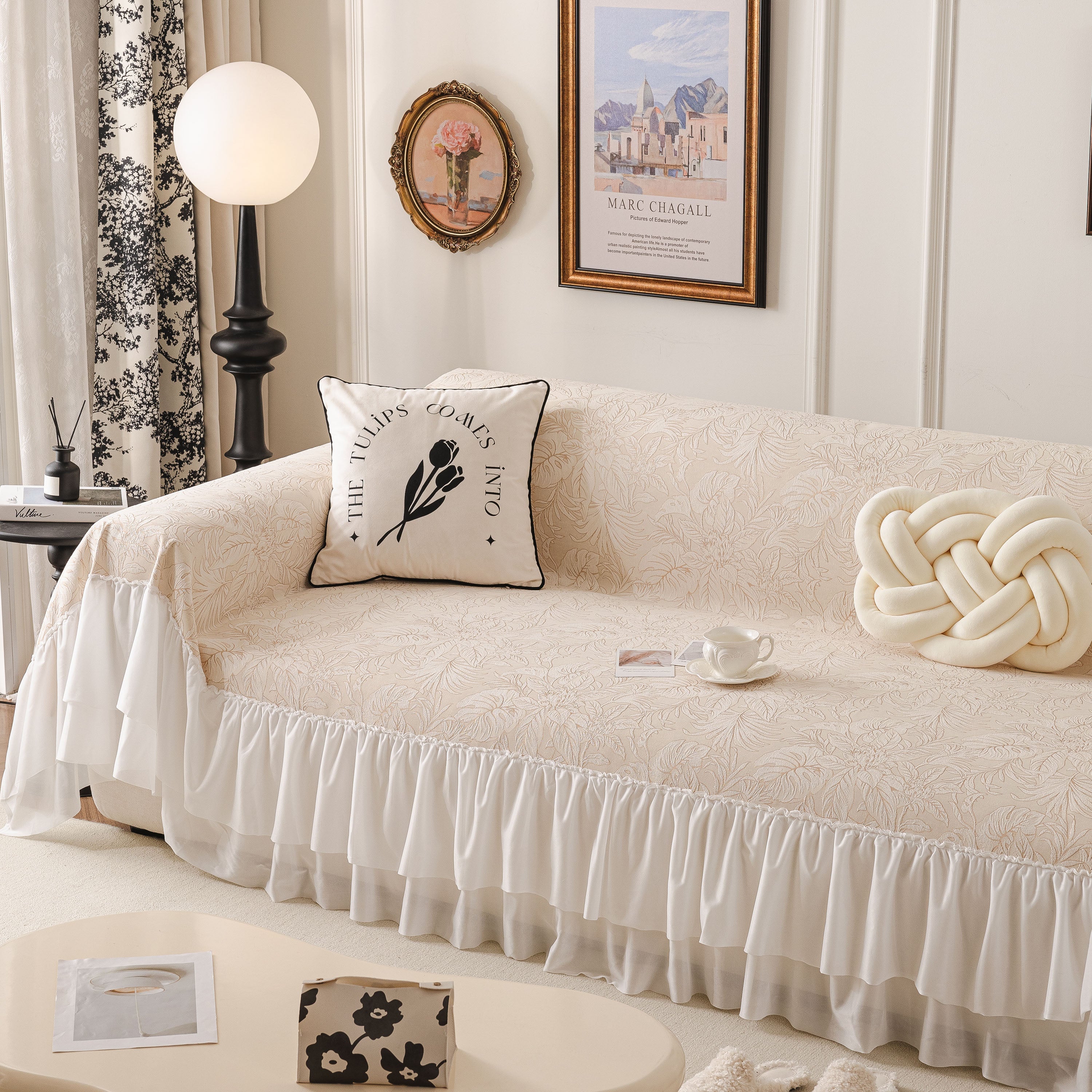 French Chic Style Ruffle Floral Cover Throws For Sofas, Decorative Couch Covers