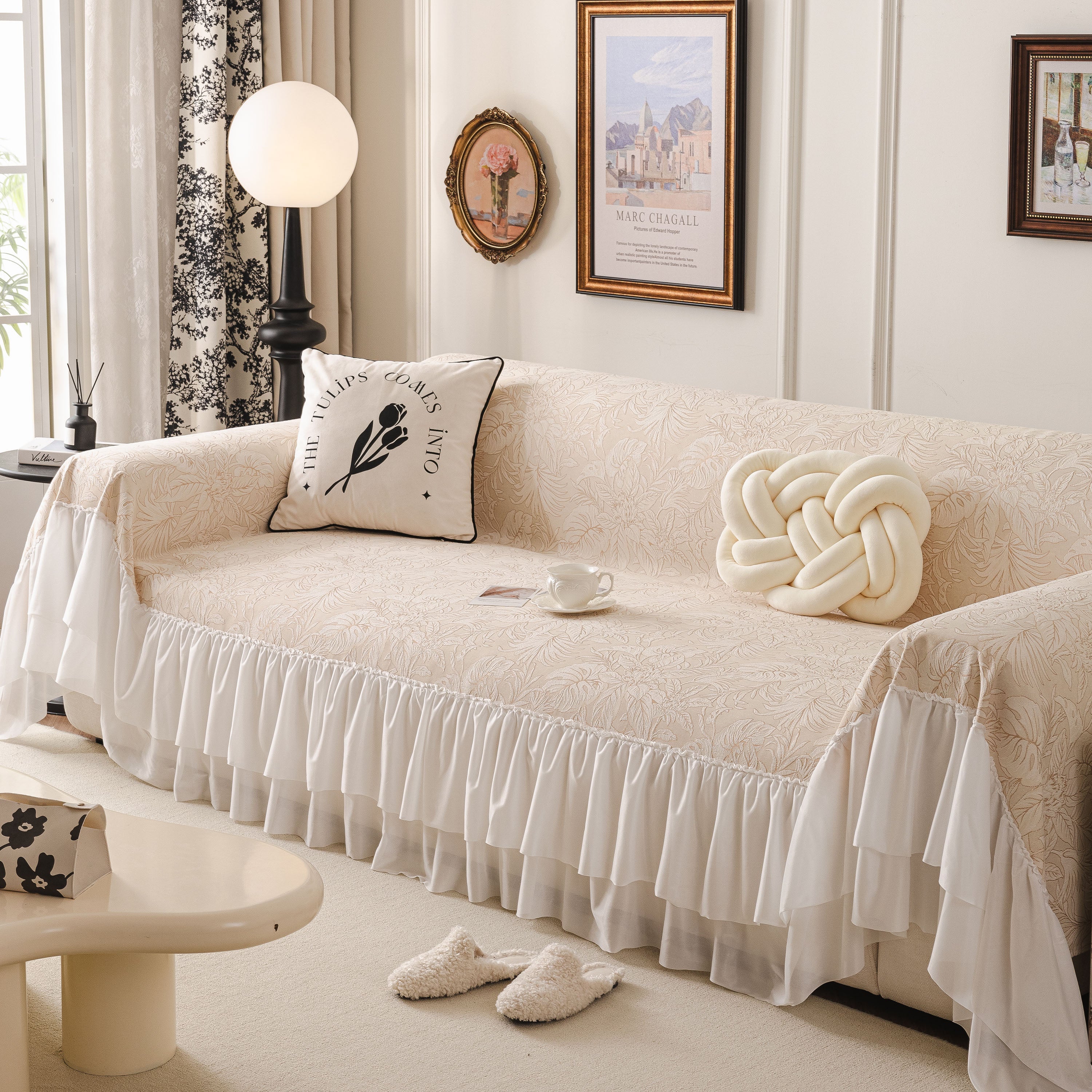 French Chic Style Ruffle Floral Cover Throws For Sofas, Decorative Couch Covers